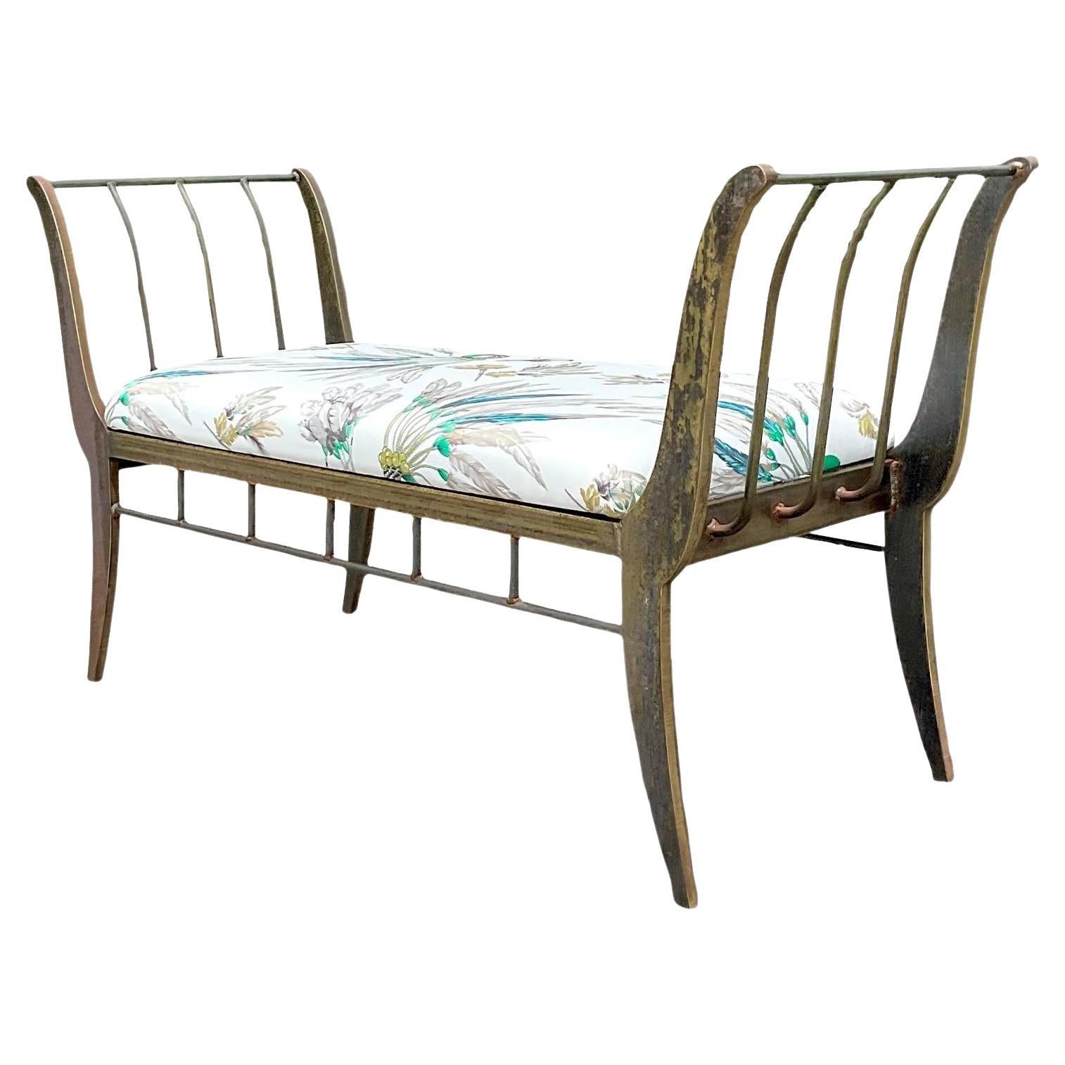 Vintage Boho Bronze Bench With Hermes Silk Duchess Upholstery For Sale