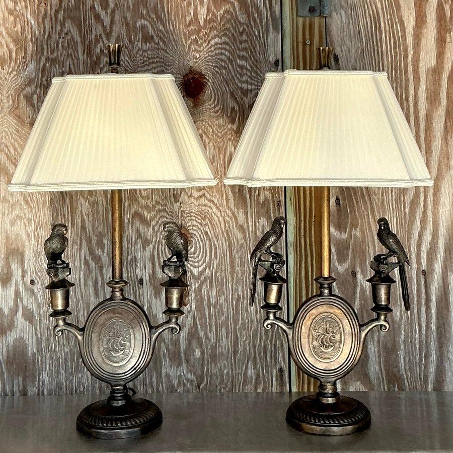 Pareja de lámparas de pájaro vintage boho de bronce Regencia en venta