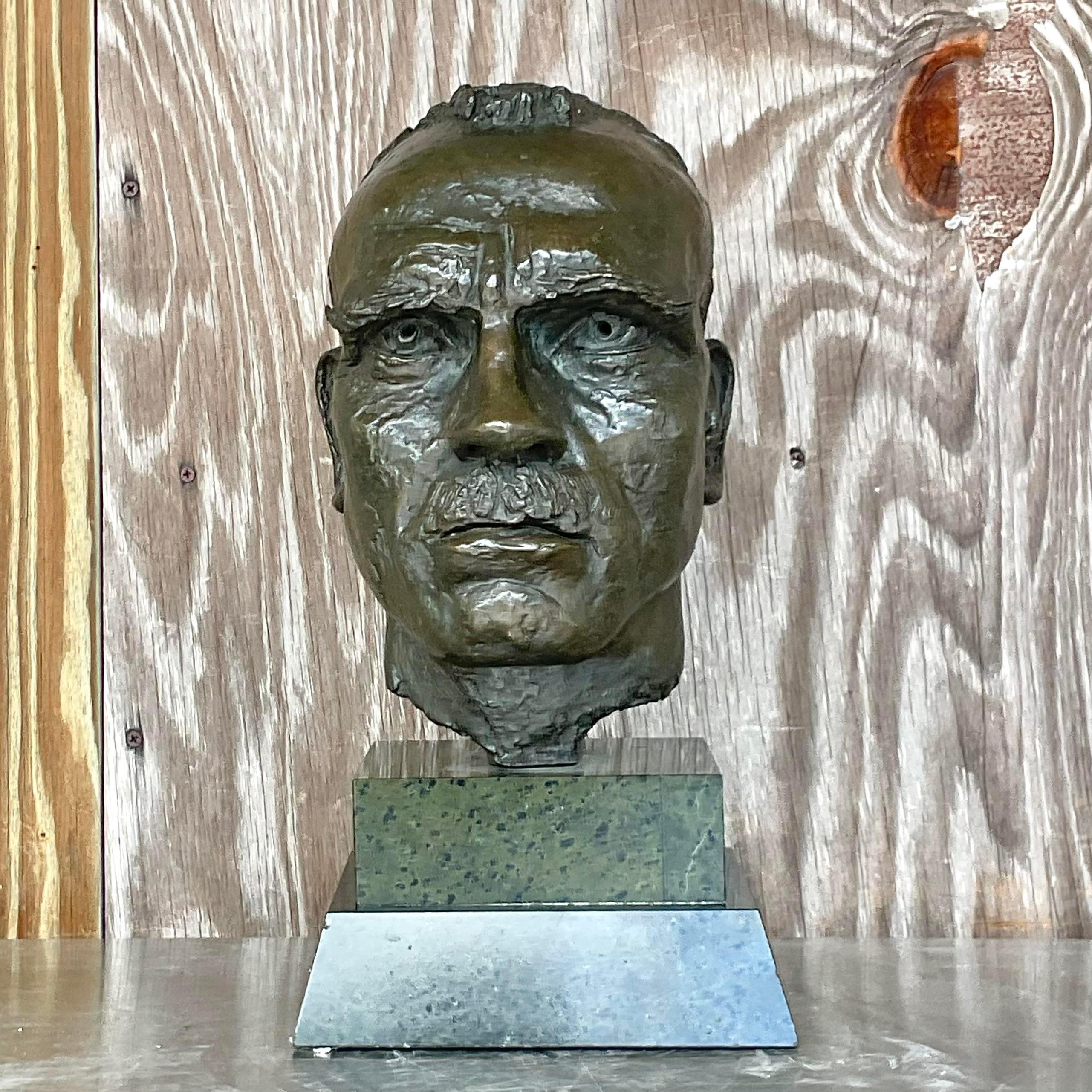 20ième siècle Vintage Boho Bronze Buste d'Homme D'après Jacob Epstein en vente