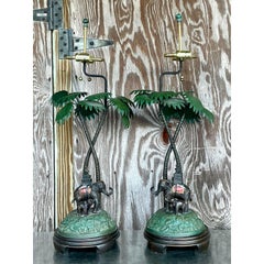 Vintage Boho Bronze Elephant Lamps - A Pair