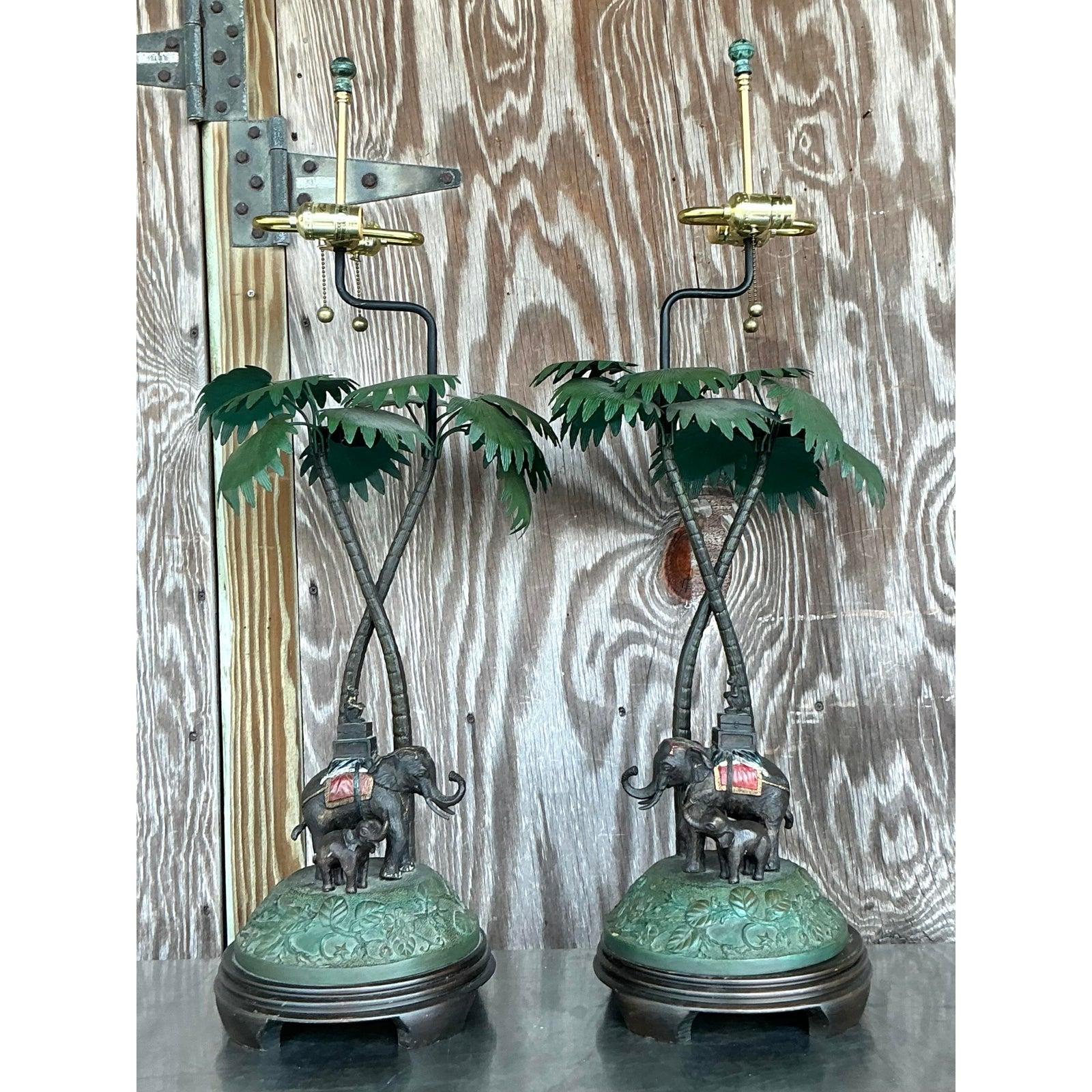 Bronze Paire de lampes éléphants boho vintage en bronze en vente