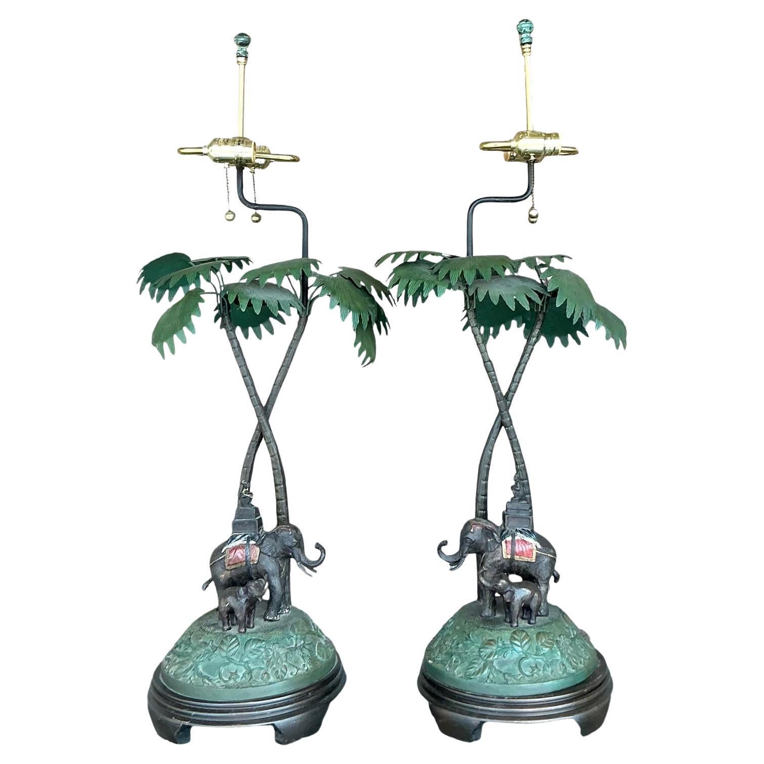 Vintage Boho Bronze Elephant Lamps - A Pair