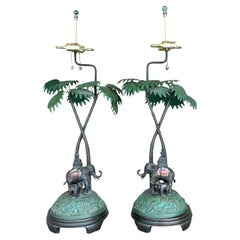 Paire de lampes éléphants boho vintage en bronze