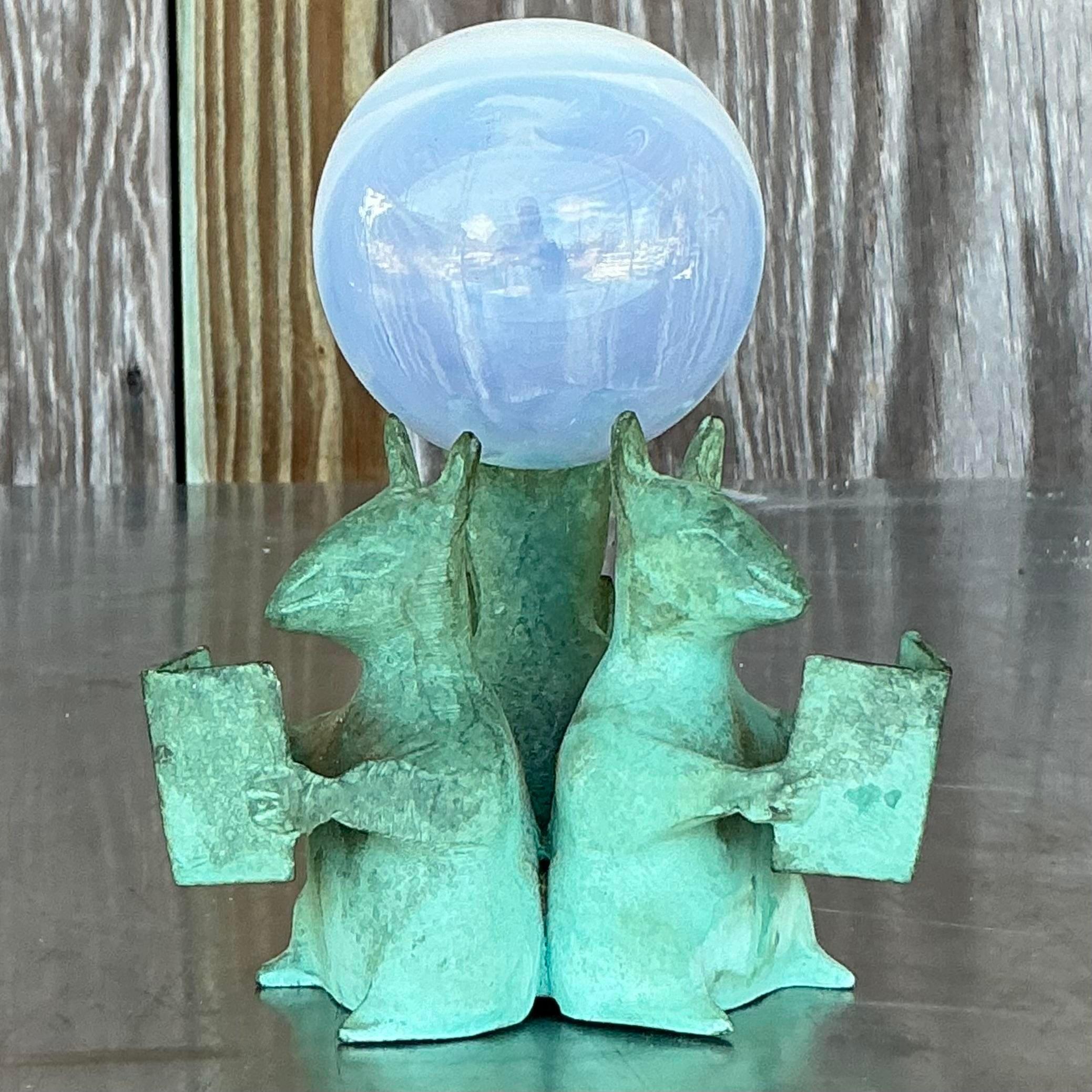 North American Vintage Boho Bronze Mice Cradle With Glass Orb