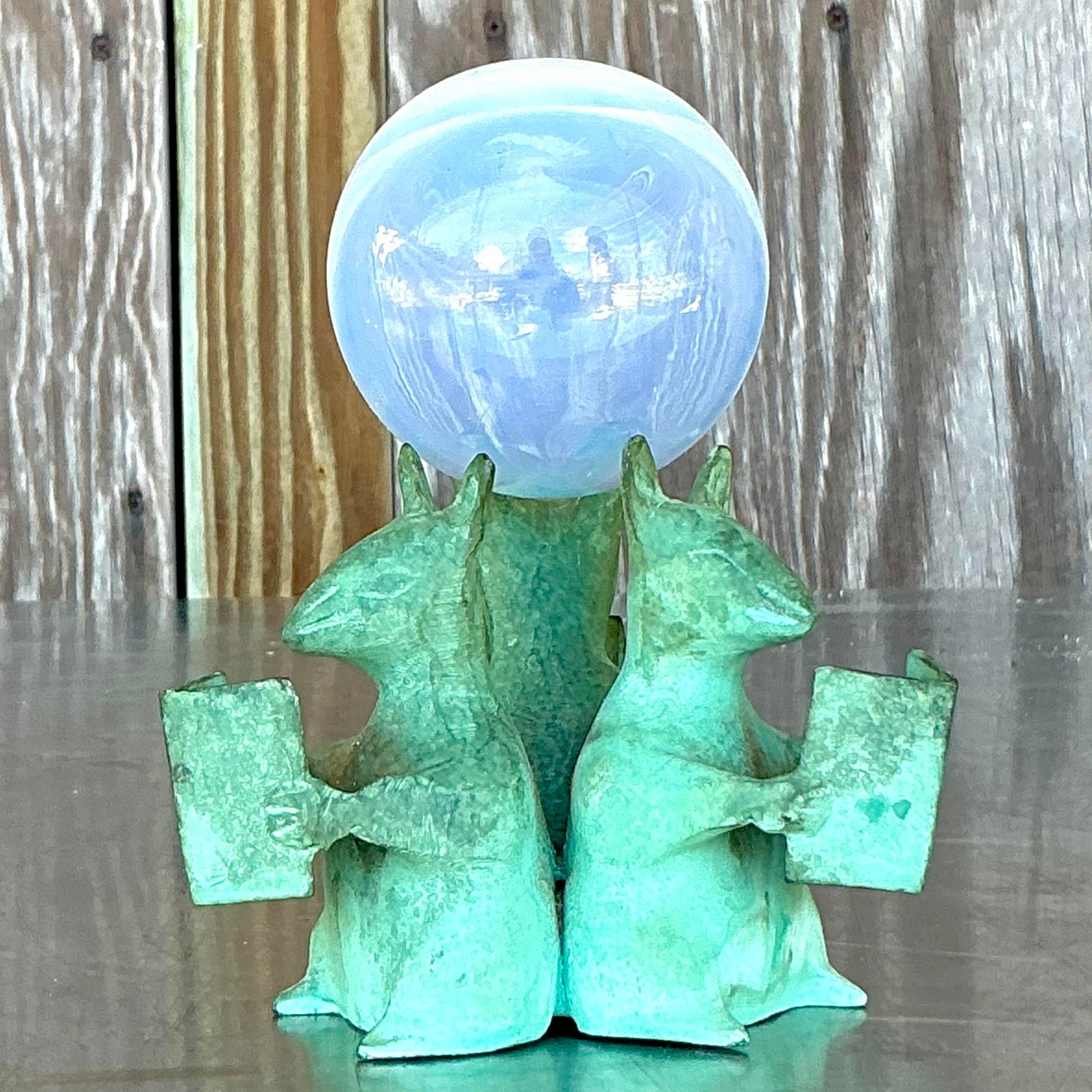 20th Century Vintage Boho Bronze Mice Cradle With Glass Orb