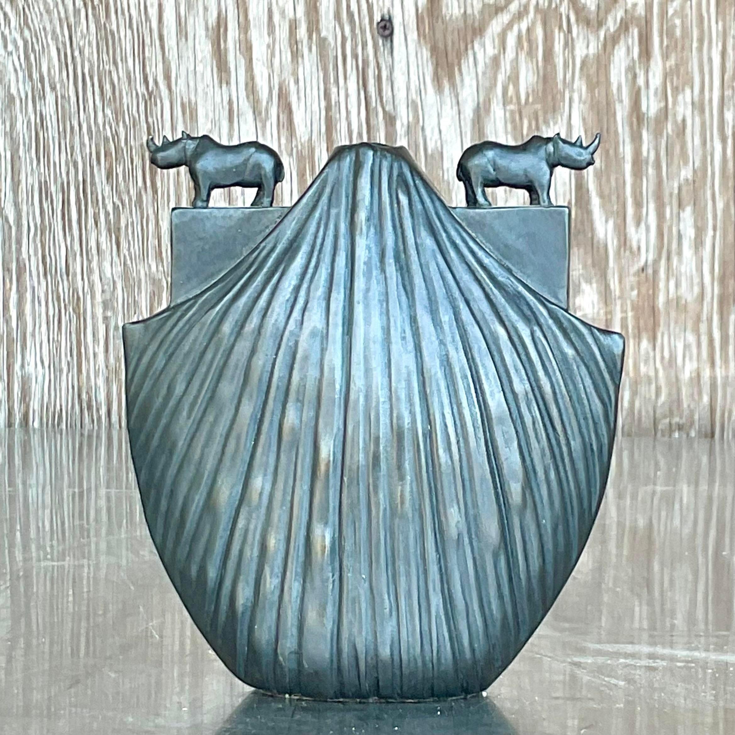 Post-Modern Vintage Boho Bronze Rhino Vase For Sale