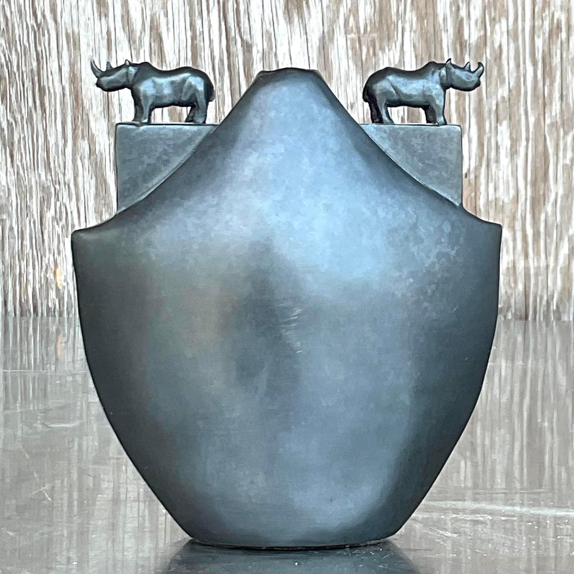 American Vintage Boho Bronze Rhino Vase For Sale