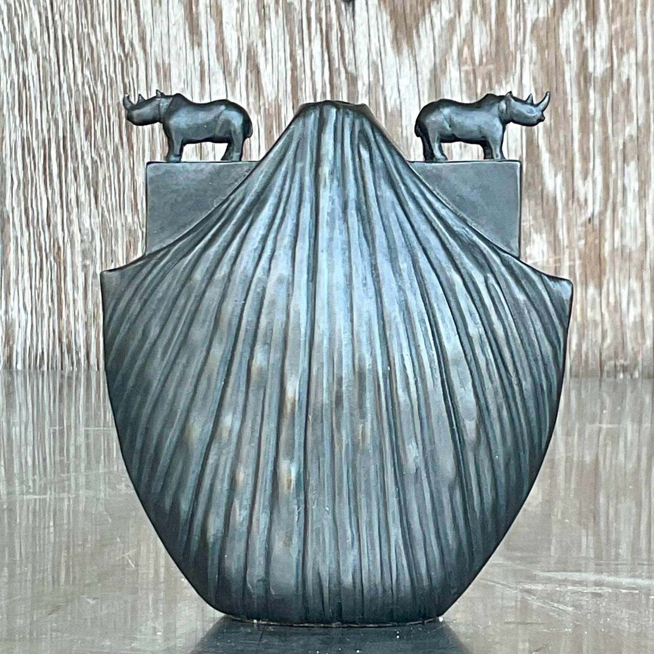 Vintage Boho Bronze Rhino Vase In Good Condition For Sale In west palm beach, FL