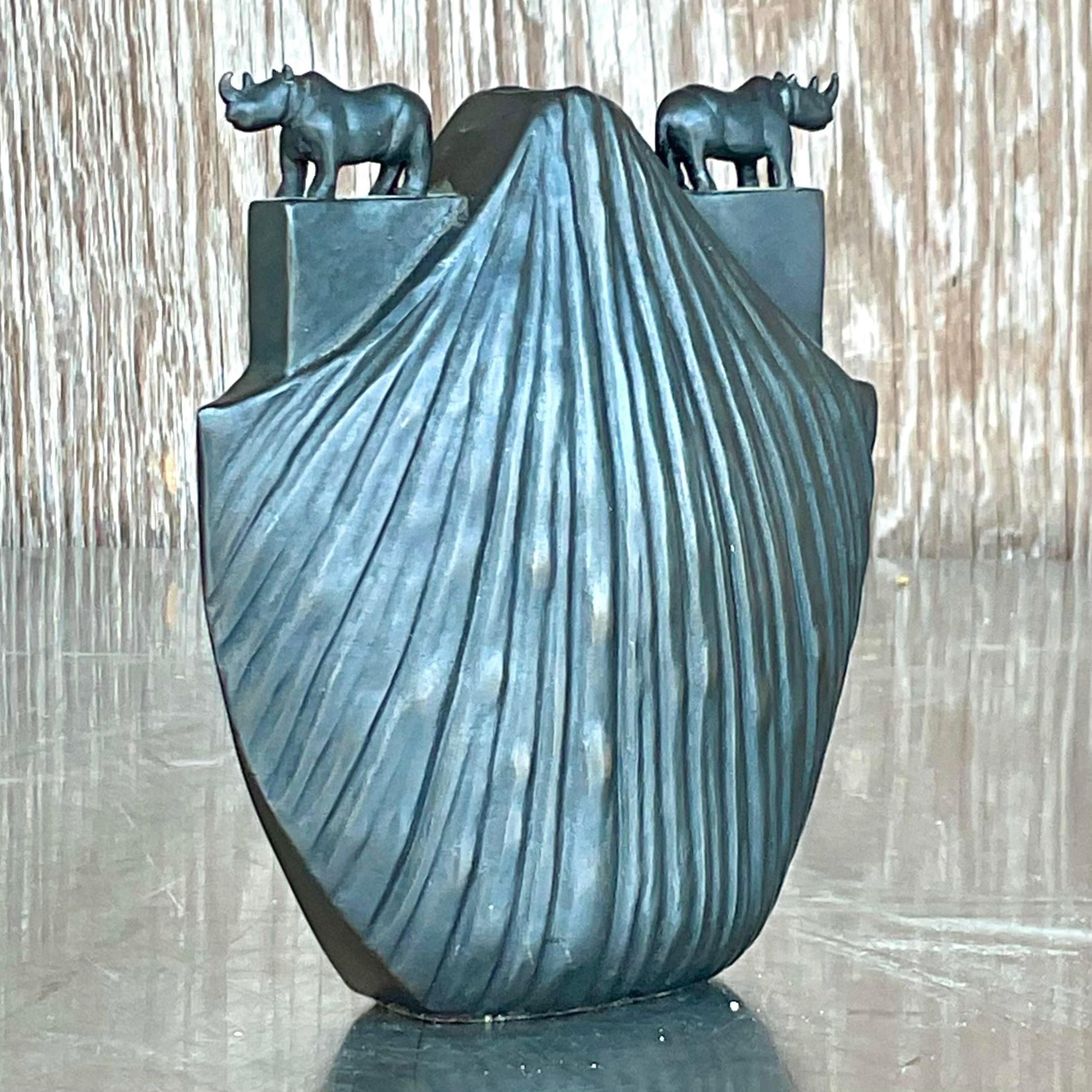20th Century Vintage Boho Bronze Rhino Vase For Sale