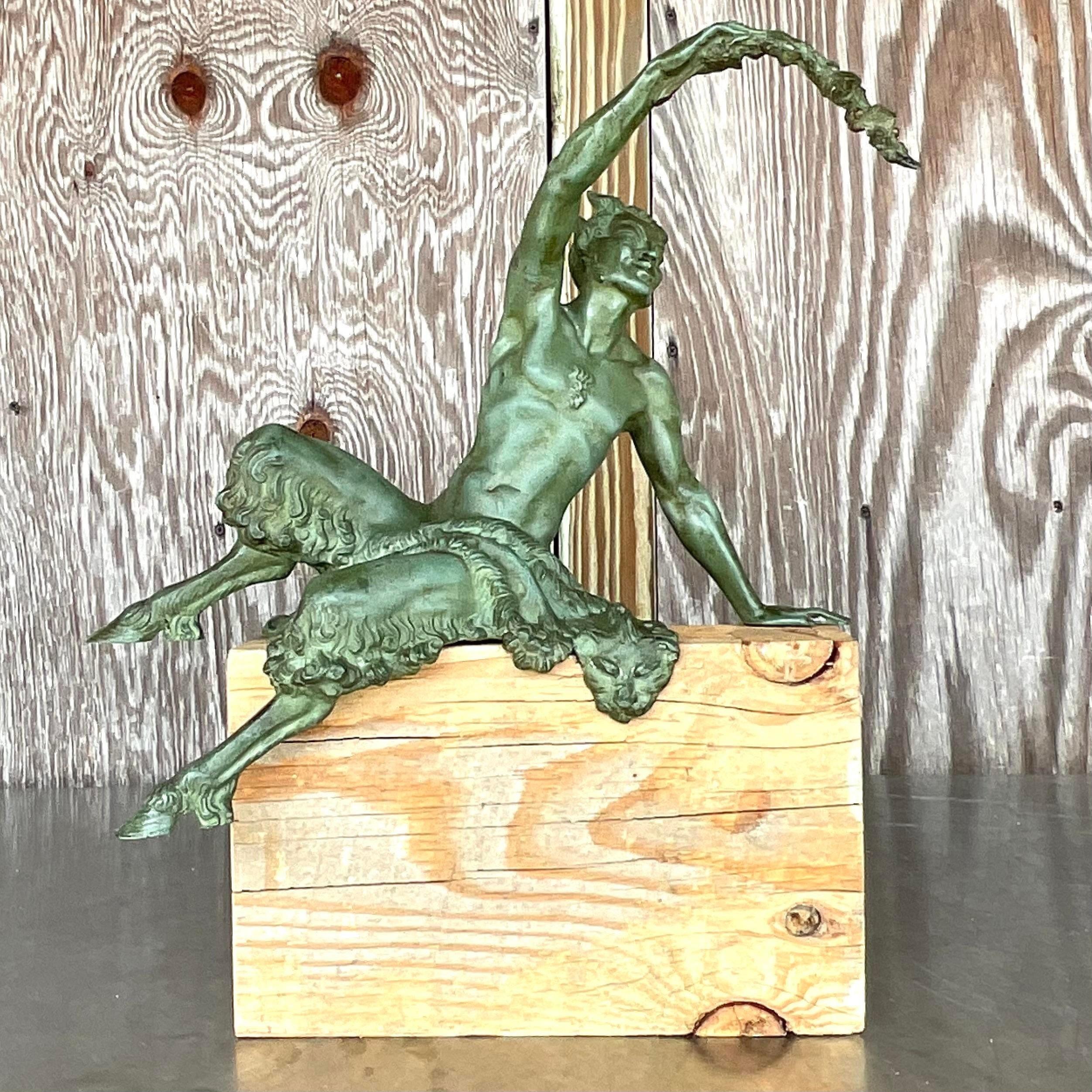 Vintage Boho Bronze Satyr Statue on Wood Plinth In Good Condition For Sale In west palm beach, FL