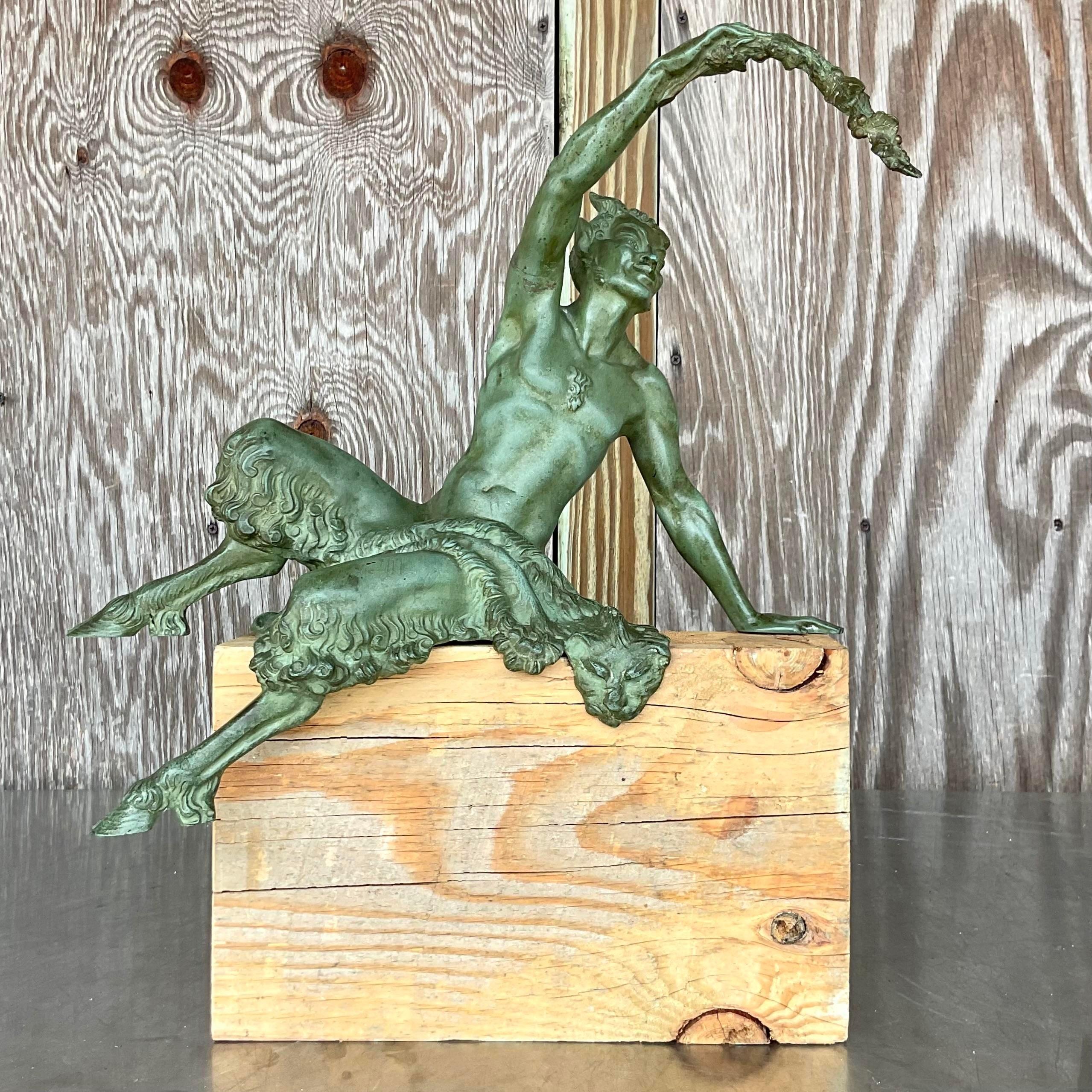 20th Century Vintage Boho Bronze Satyr Statue on Wood Plinth For Sale