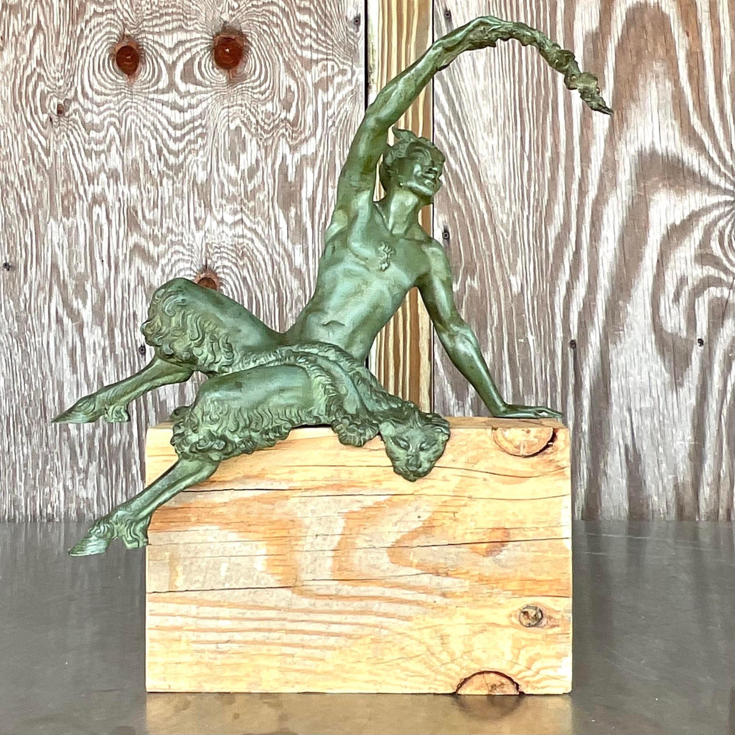 Vintage Boho Bronze Satyr Statue on Wood Plinth For Sale 1