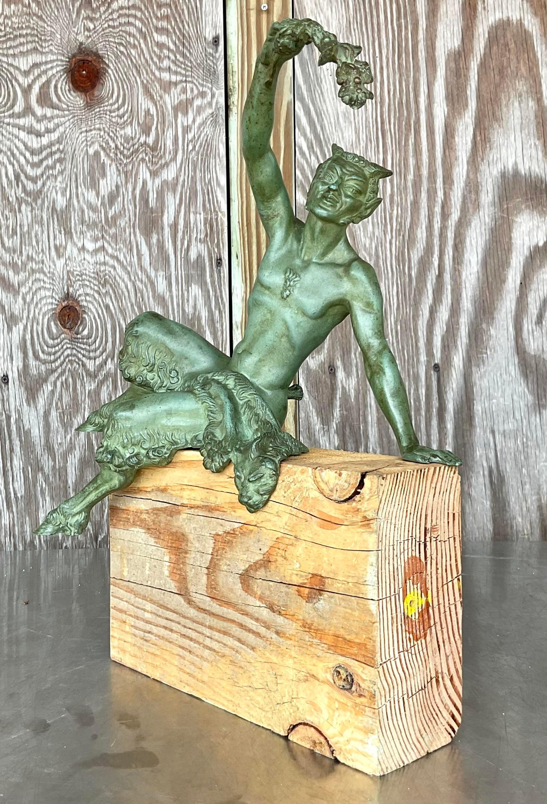 Vintage Boho Bronze Satyr Statue on Wood Plinth For Sale 2