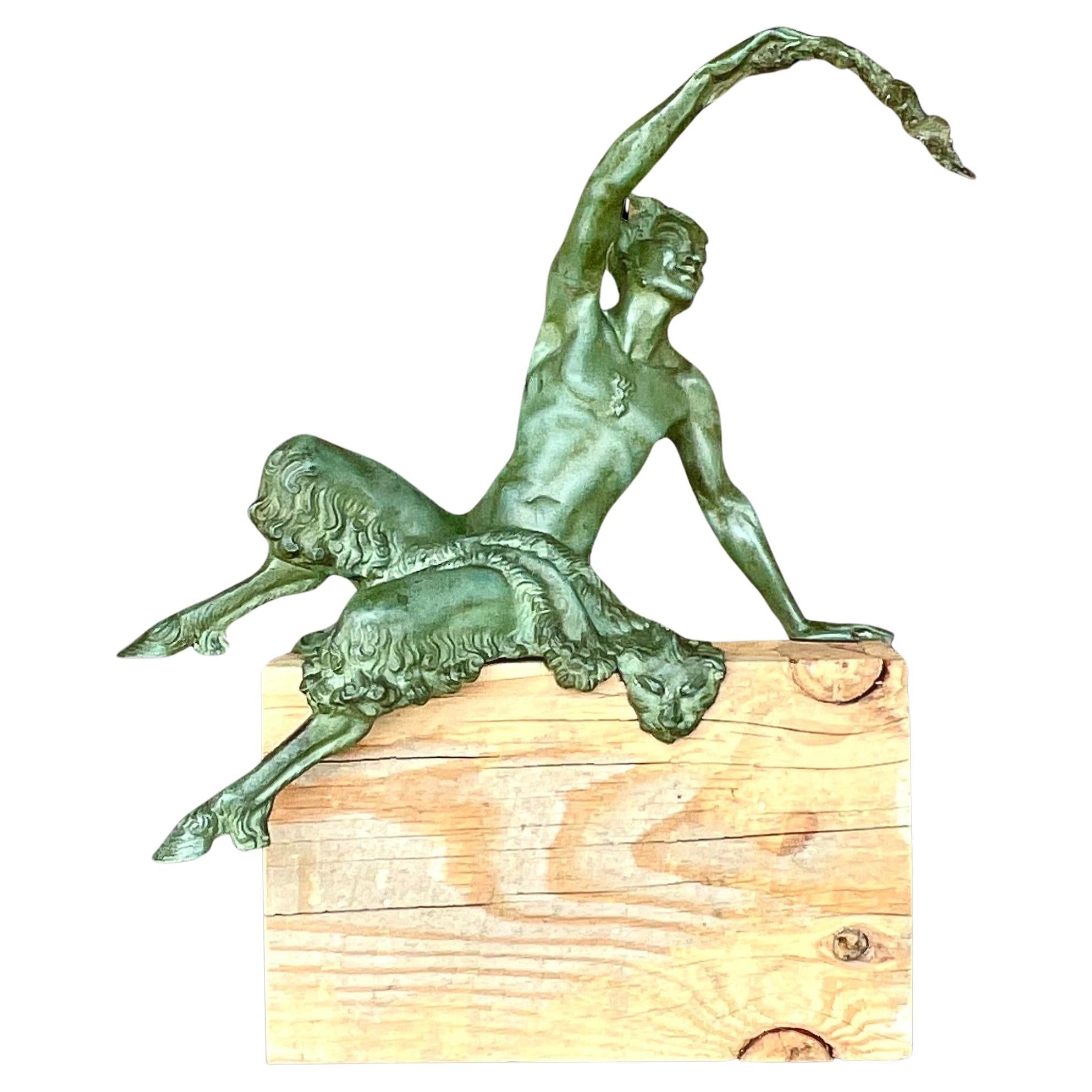 Vintage Boho Bronze Satyr Statue on Wood Plinth For Sale