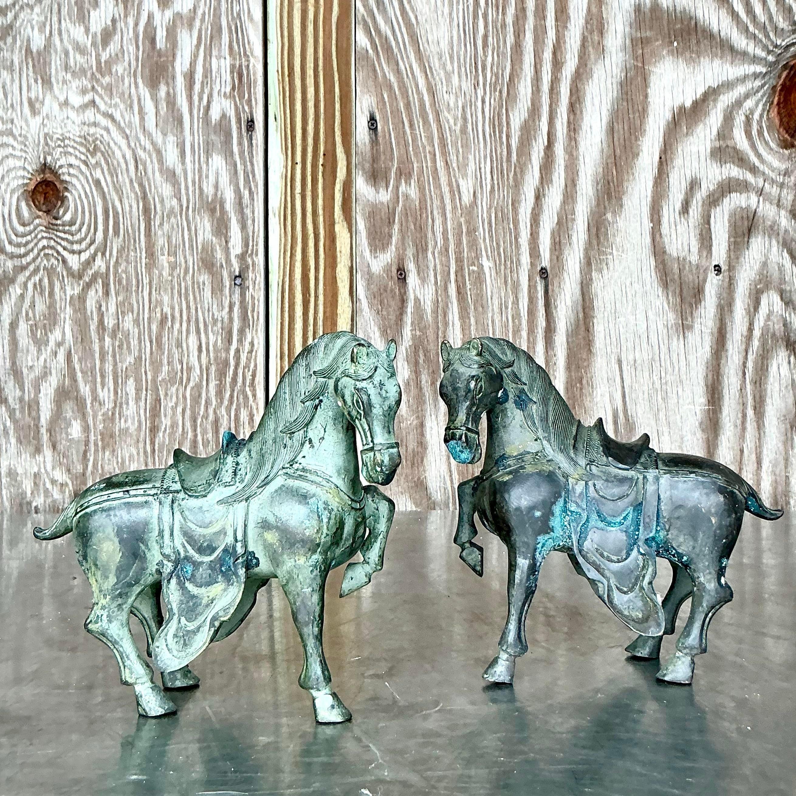 Rustico Cavalli da tempio in bronzo vintage Boho - Set di 2 in vendita