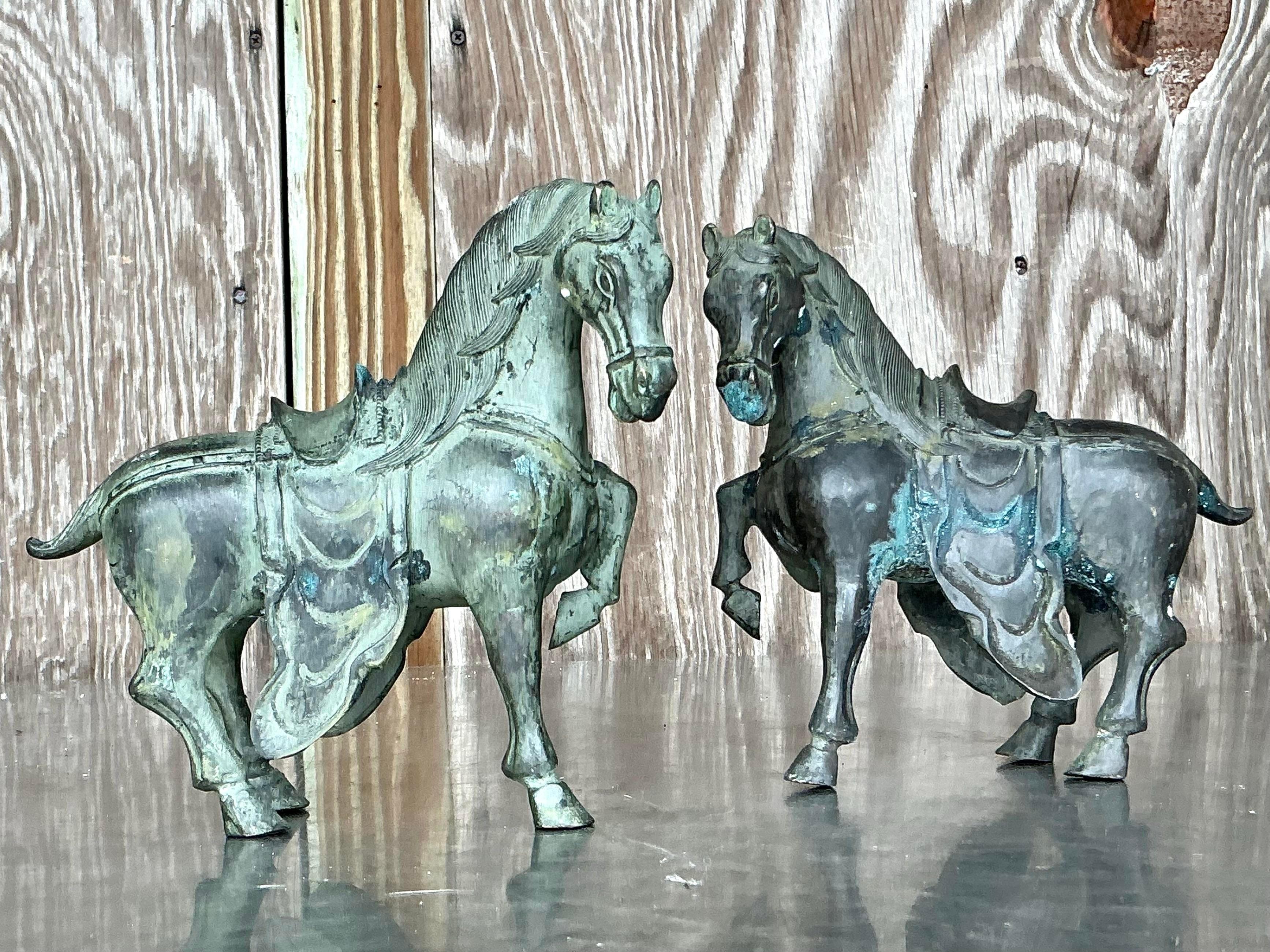 Nordamericano Cavalli da tempio in bronzo vintage Boho - Set di 2 in vendita