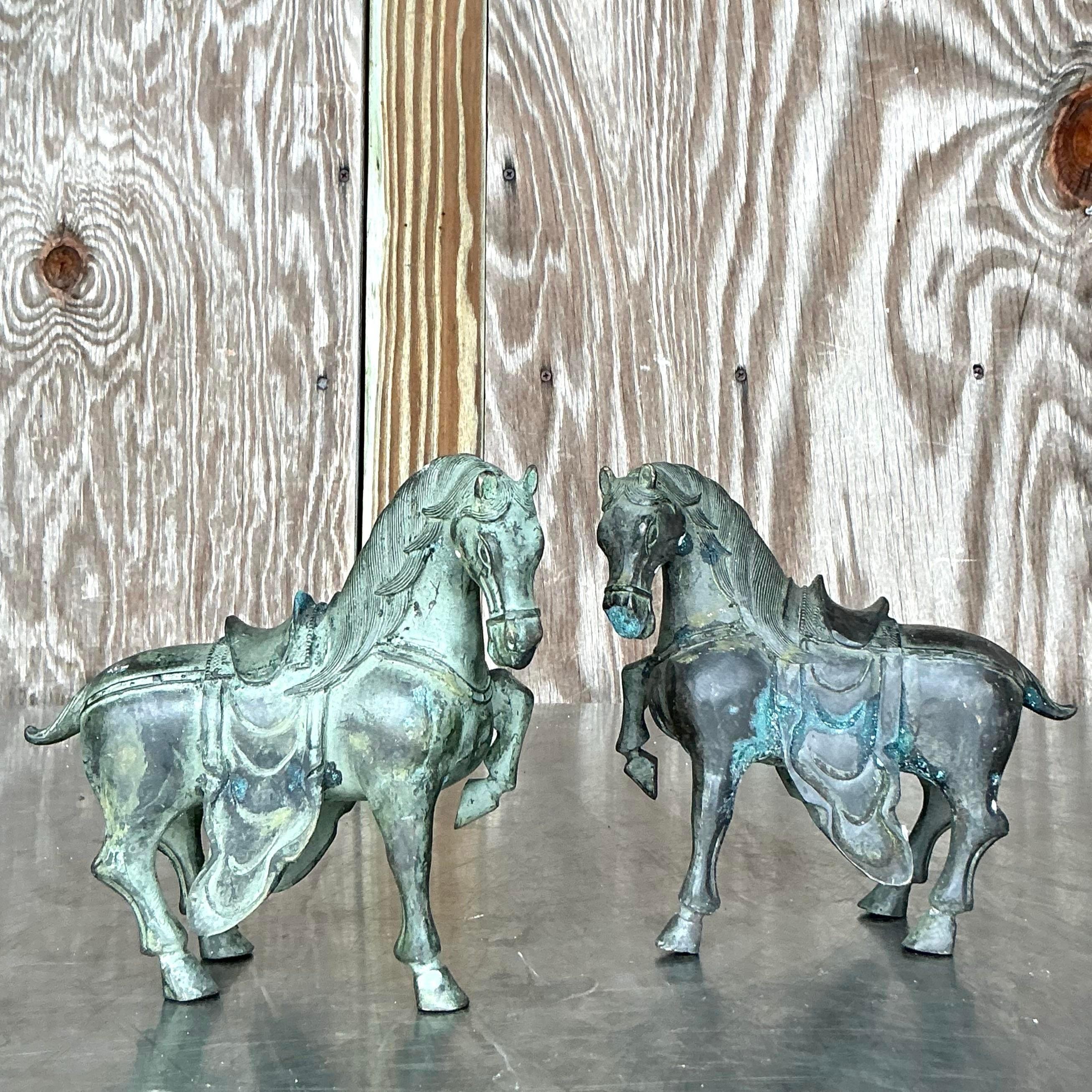 Cavalli da tempio in bronzo vintage Boho - Set di 2 In condizioni buone in vendita a west palm beach, FL
