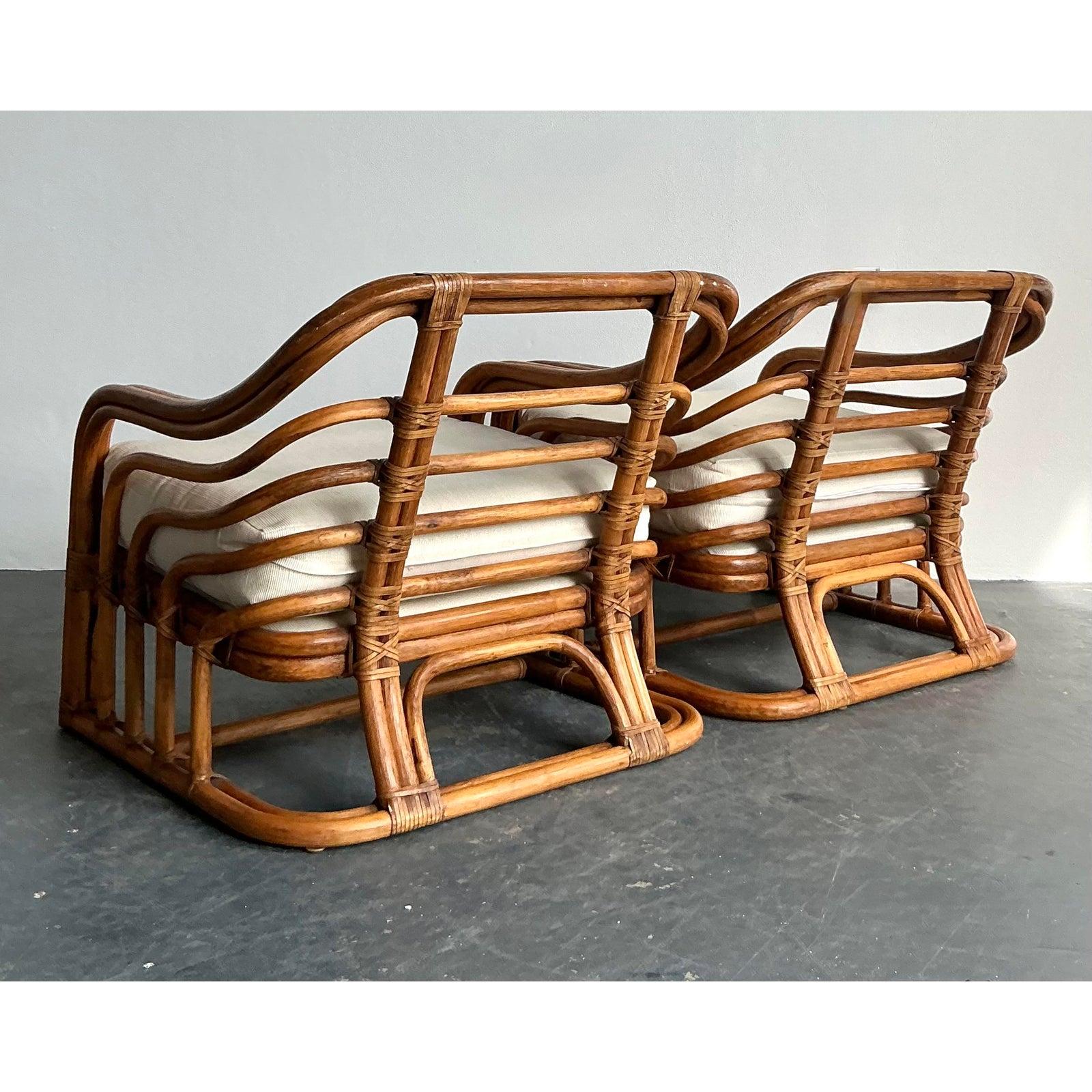 Mid-Century Modern Vintage Boho Brown Jordan Bent Rattan Lounge Chairs - A Pair For Sale
