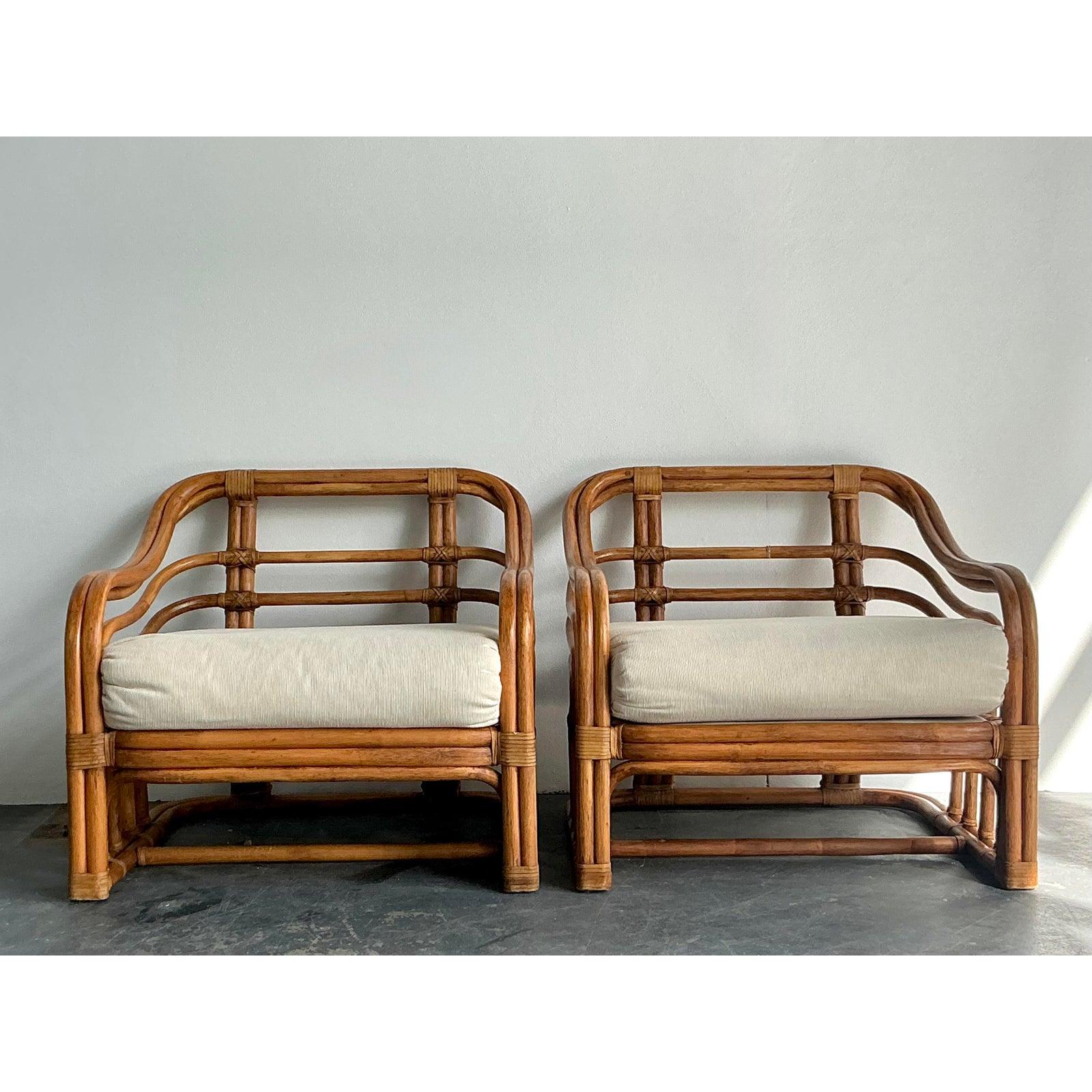 Philippine Vintage Boho Brown Jordan Bent Rattan Lounge Chairs - A Pair For Sale