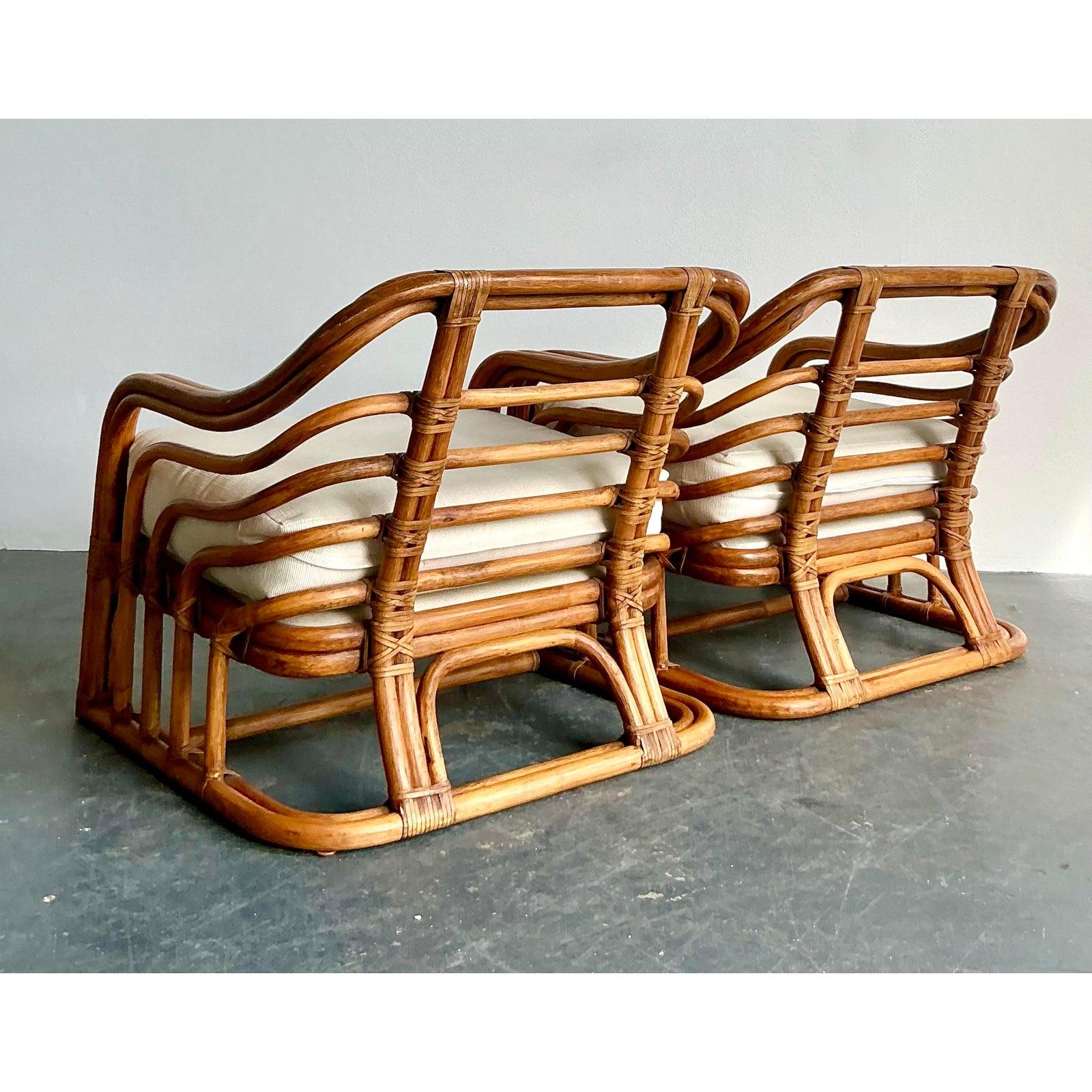 20th Century Vintage Boho Brown Jordan Bent Rattan Lounge Chairs - A Pair For Sale
