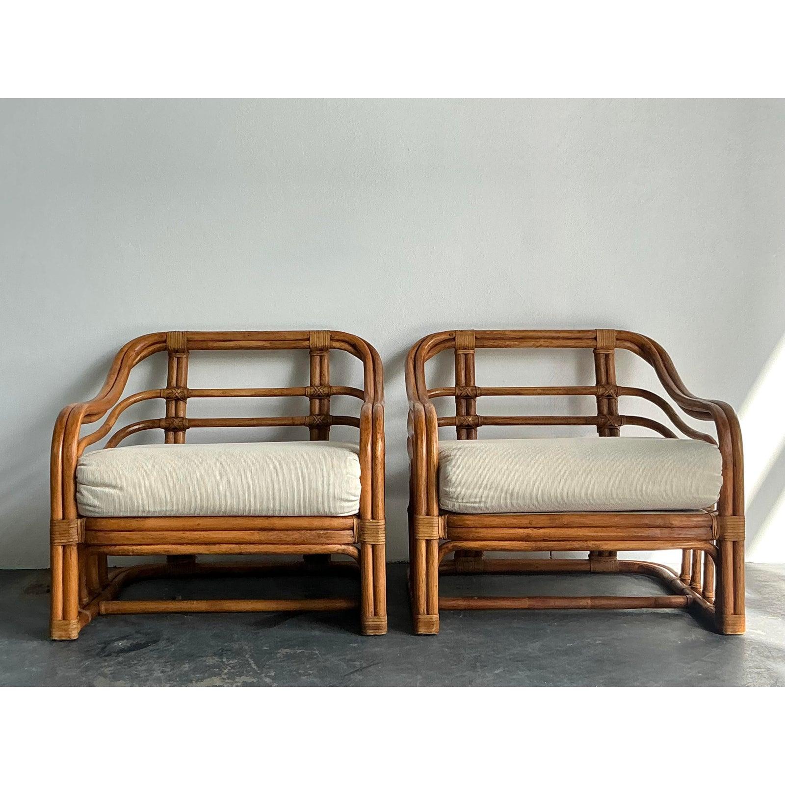 Upholstery Vintage Boho Brown Jordan Bent Rattan Lounge Chairs - A Pair For Sale