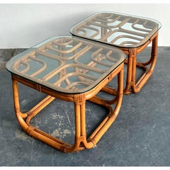 Vintage Boho Brown Jordan Bent Rattan Side Tables - A Pair