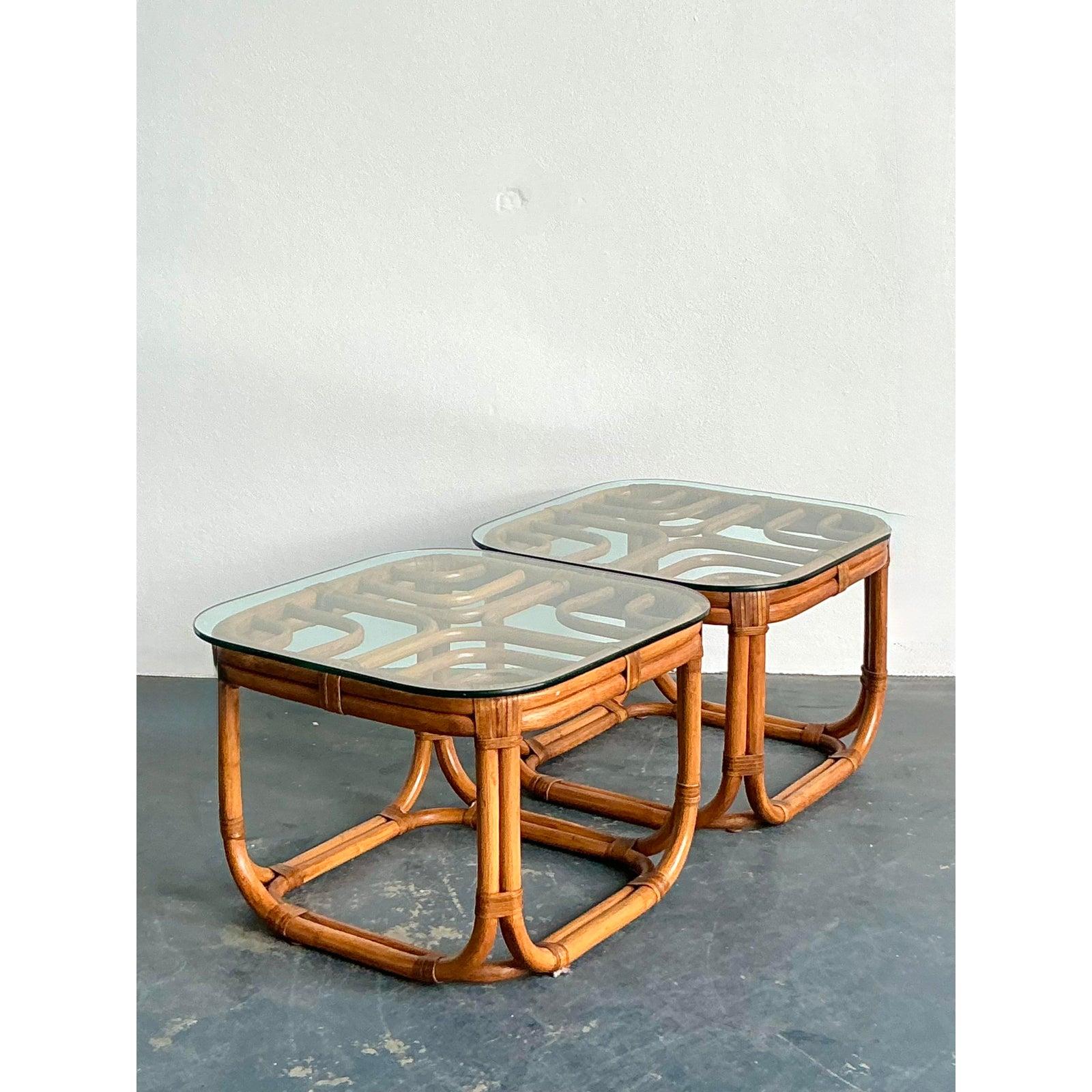 Space Age Vintage Boho Brown Jordan Bent Rattan Side Tables - A Pair For Sale
