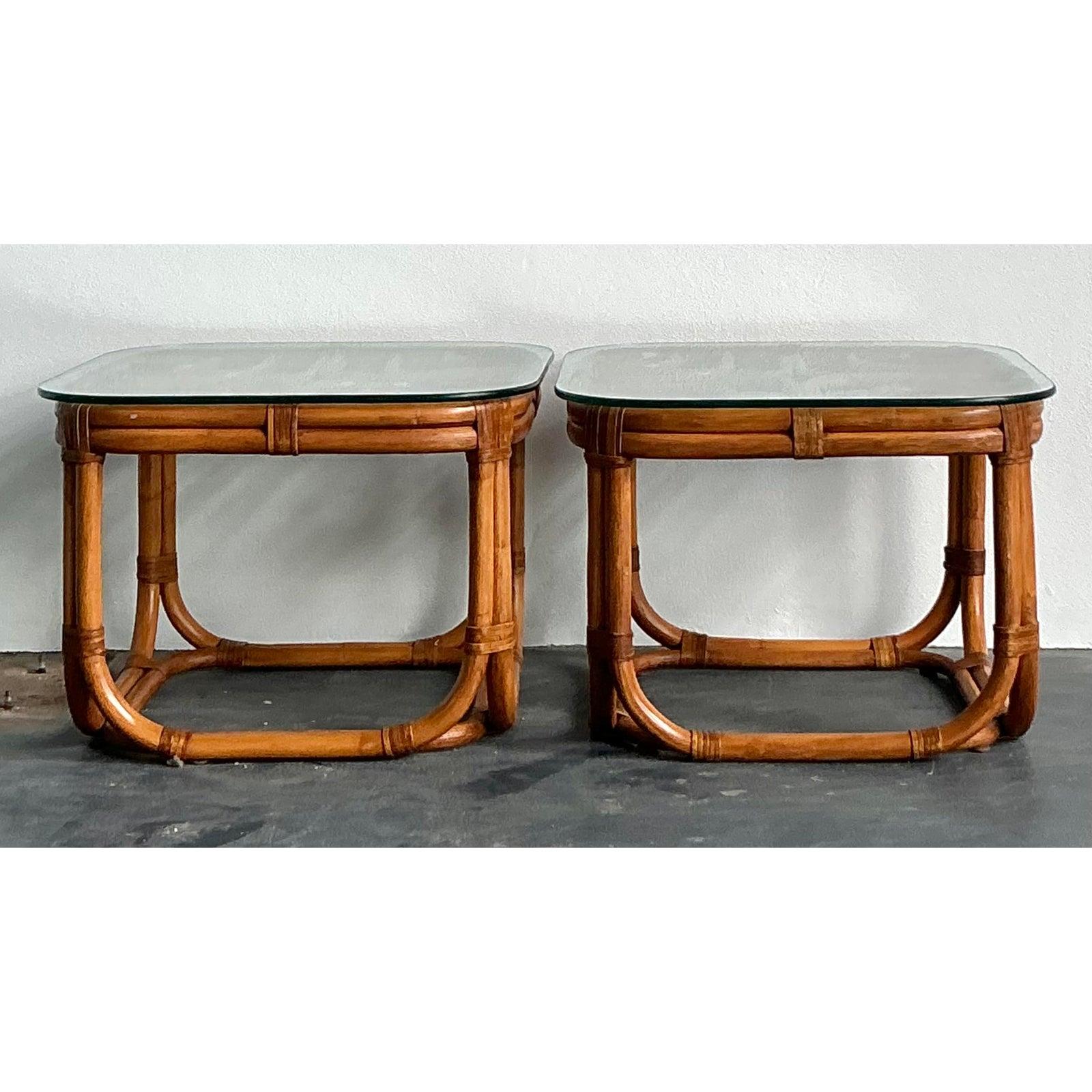 Philippine Vintage Boho Brown Jordan Bent Rattan Side Tables - A Pair For Sale
