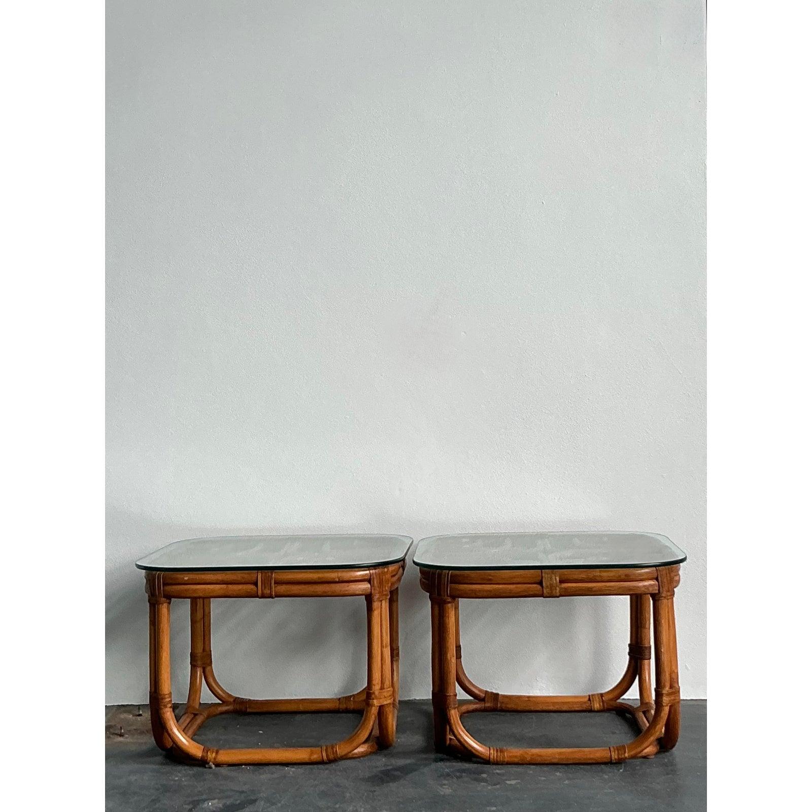 Vintage Boho Brown Jordan Bent Rattan Side Tables - A Pair In Good Condition For Sale In West Palm Beach, FL