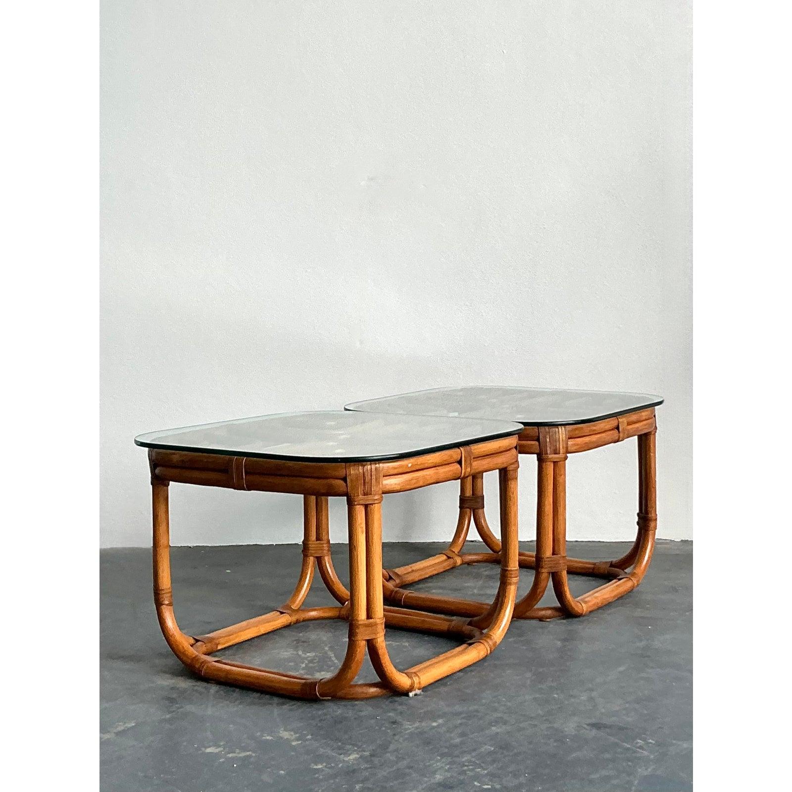 20th Century Vintage Boho Brown Jordan Bent Rattan Side Tables - A Pair For Sale