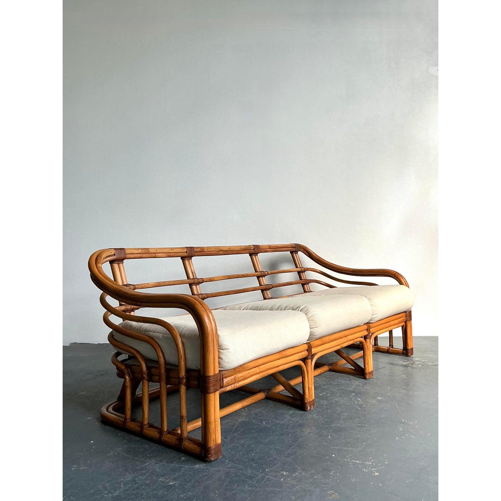 Hollywood Regency Vintage Boho Brown Jordan Bent Rattan Sofa For Sale