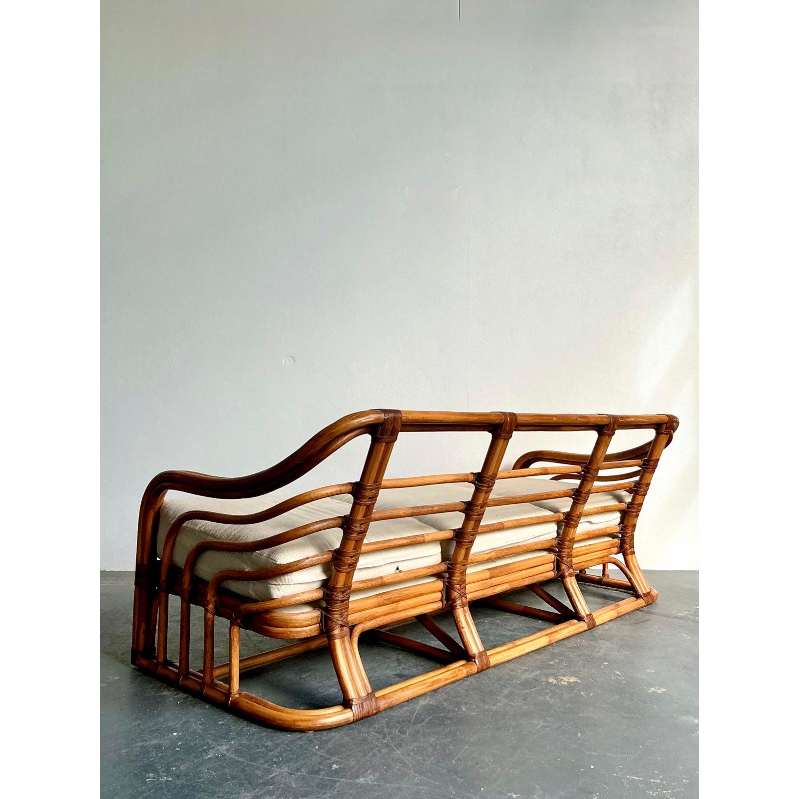 Philippine Vintage Boho Brown Jordan Bent Rattan Sofa For Sale