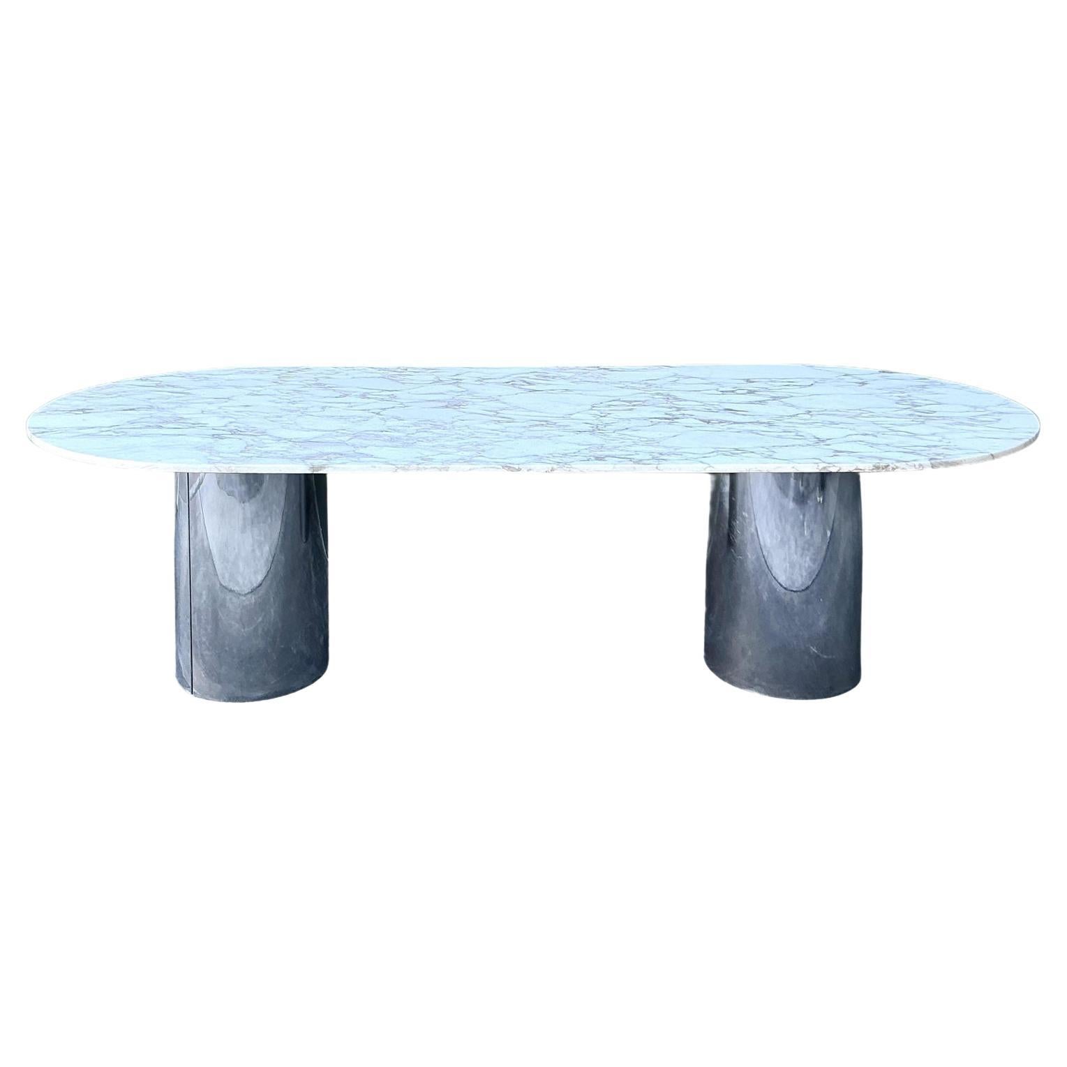 Vintage Boho Brueton Double Cylinder Marble Dining Table For Sale