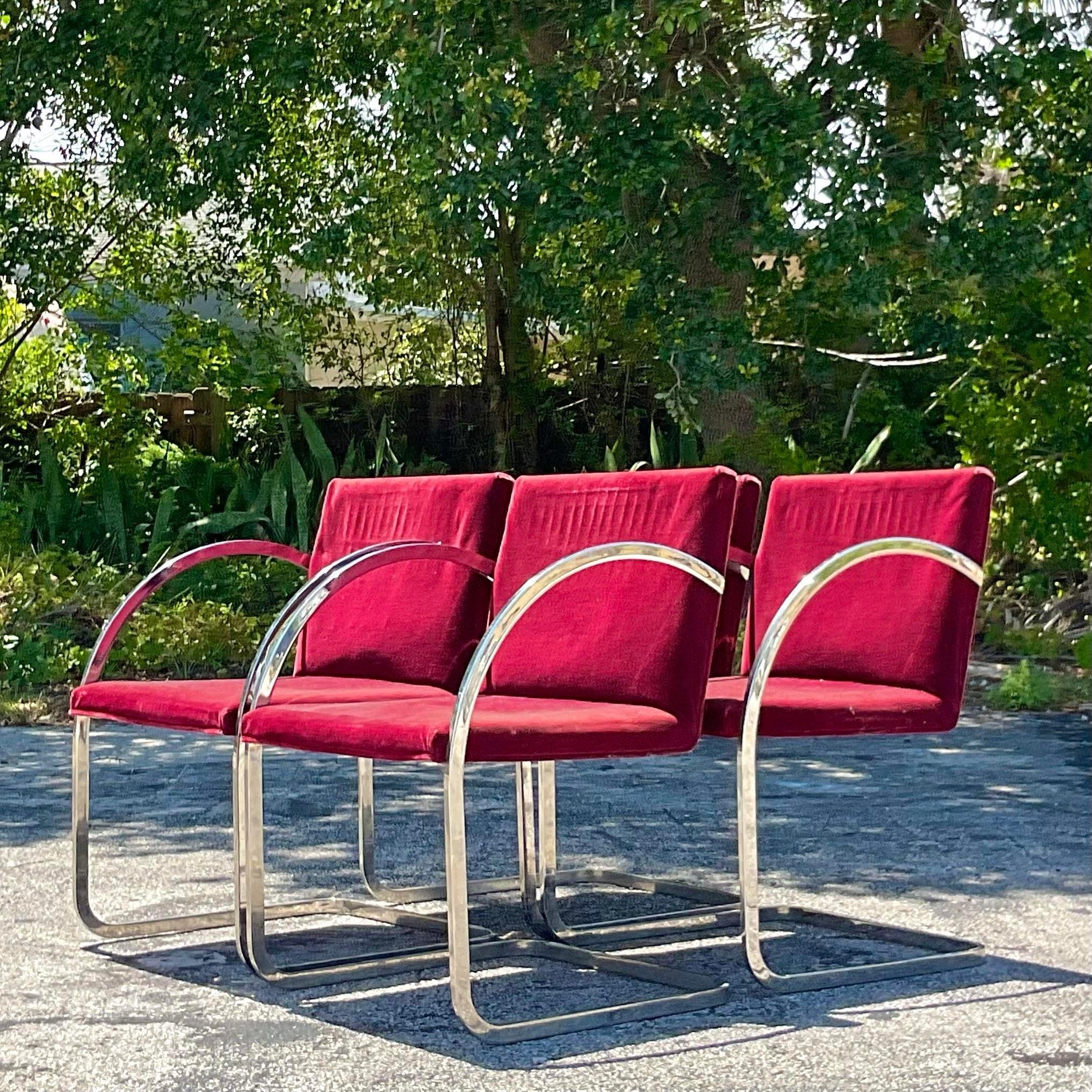 American Vintage Boho Brueton Polished Chrome Dining Chairs - Set of 4 For Sale