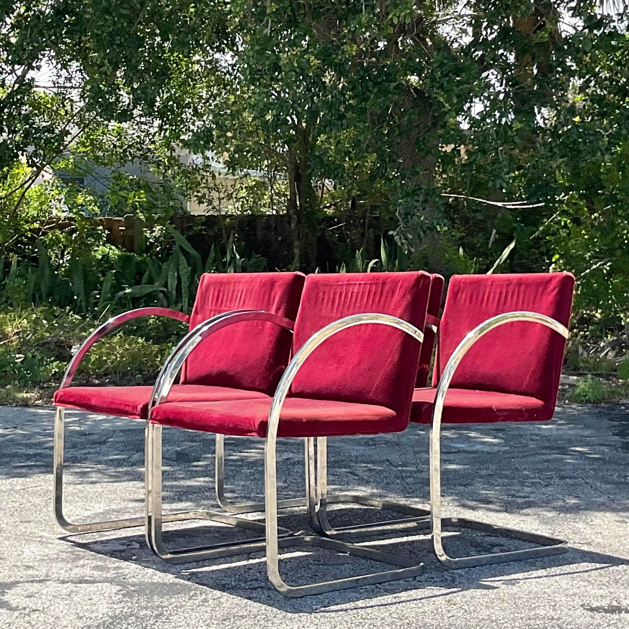 Vintage Boho Brueton Polished Chrome Dining Chairs - Set of 4 For Sale 1