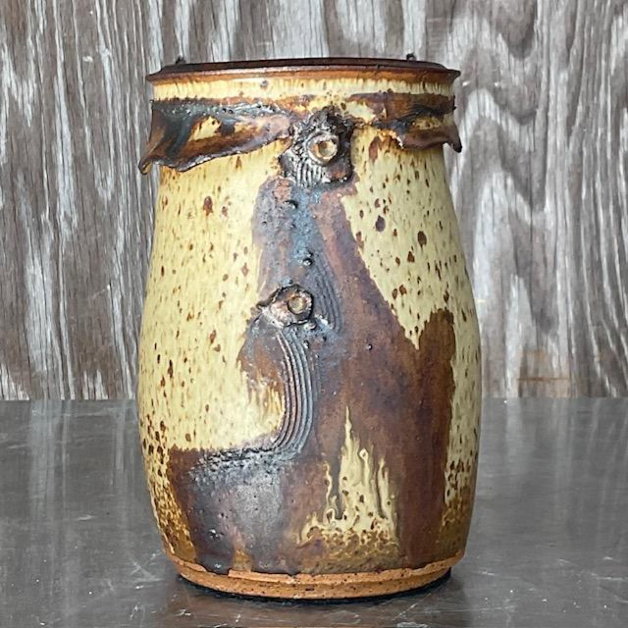 Bohemian Vintage Boho Brushstroke Studio Pottery Vase For Sale