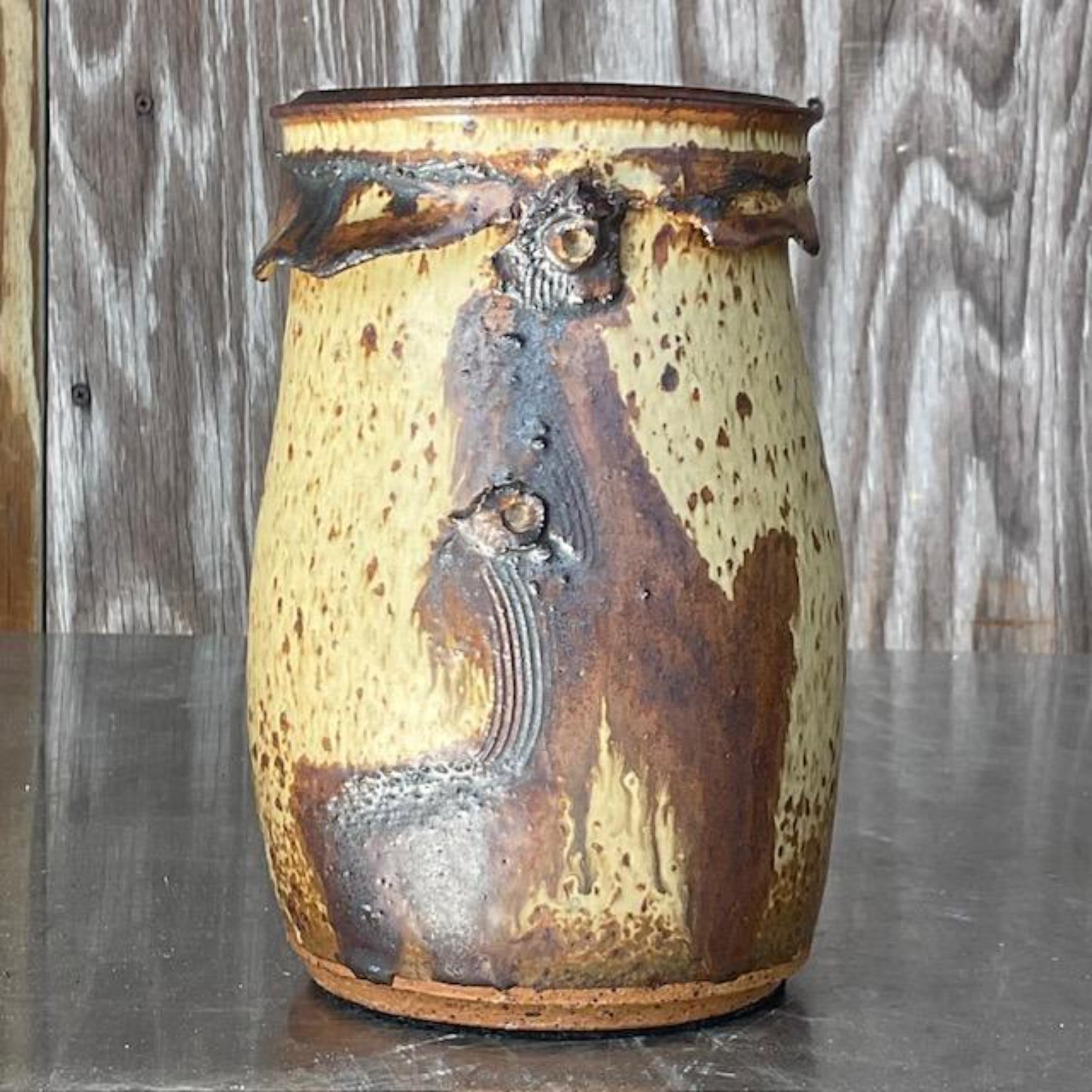 20th Century Vintage Boho Brushstroke Studio Pottery Vase For Sale