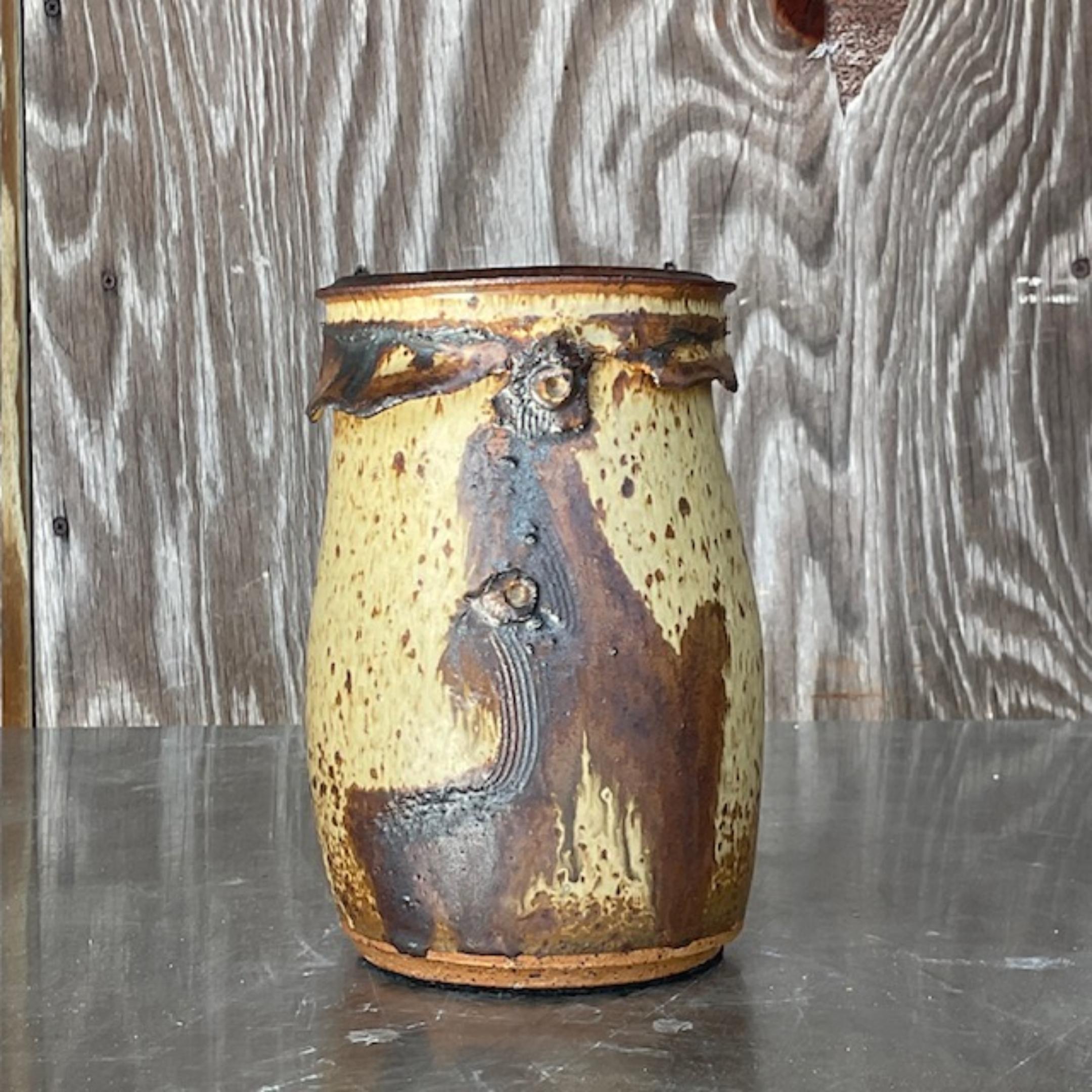 Vintage Boho Brushstroke Studio Pottery Vase For Sale 1
