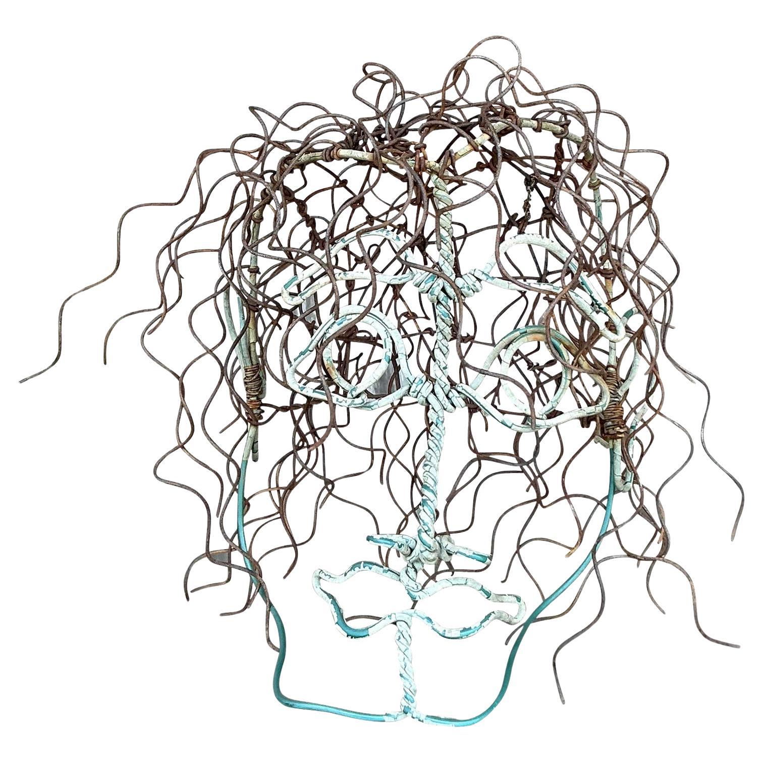 Scultura in filo di ferro brutalista vintage di testa di Boho
