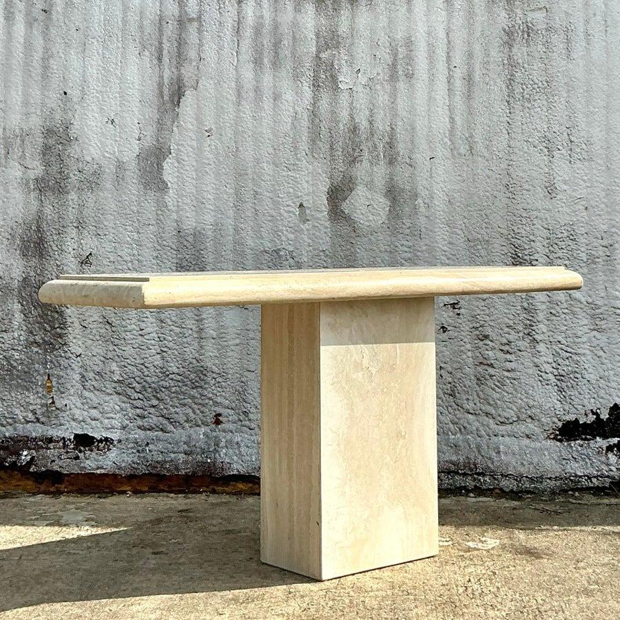 Minimalist Vintage Boho Bullnose Travertine Console Table For Sale
