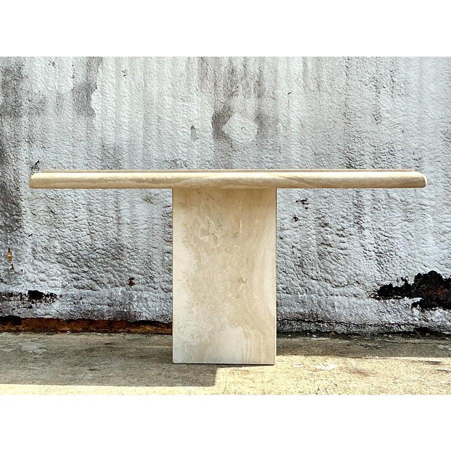 Italian Vintage Boho Bullnose Travertine Console Table For Sale
