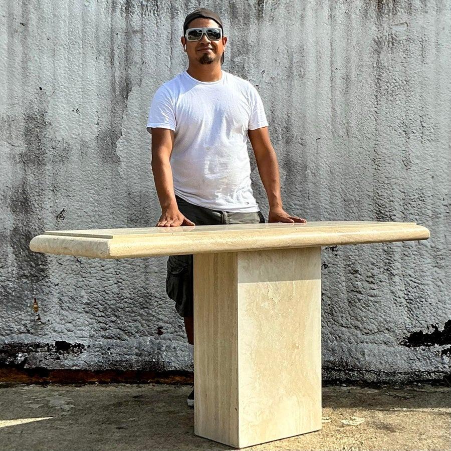 Vintage Boho Bullnose Travertine Console Table In Good Condition For Sale In west palm beach, FL