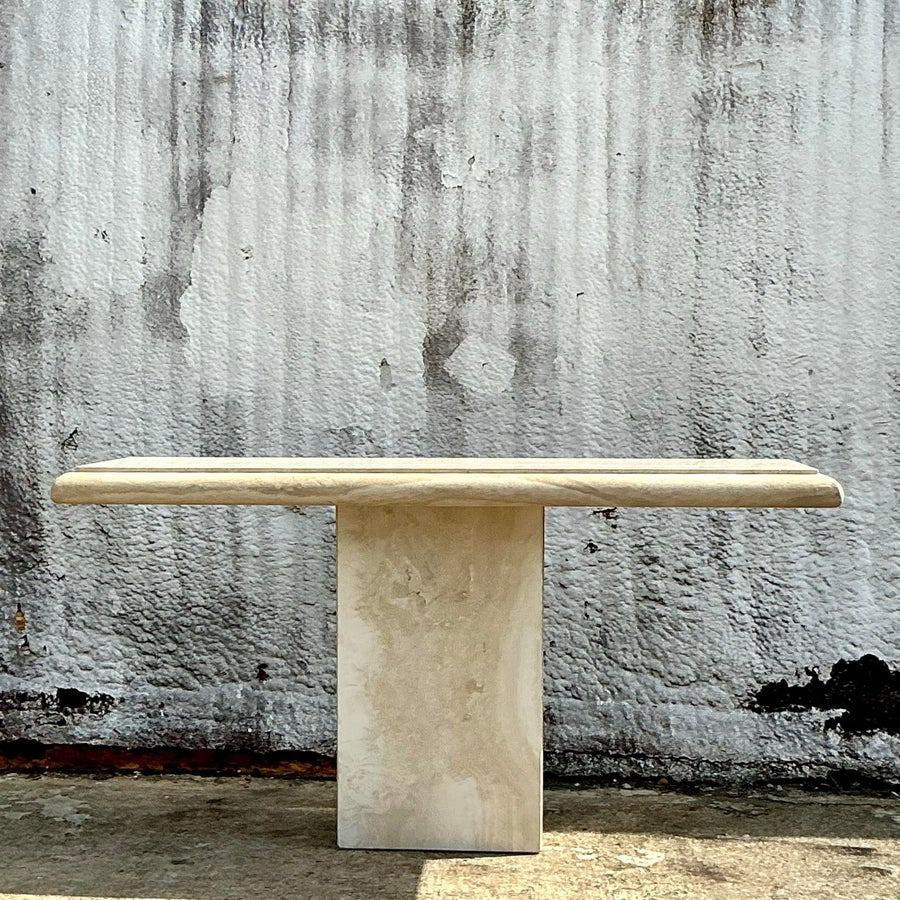 20th Century Vintage Boho Bullnose Travertine Console Table For Sale