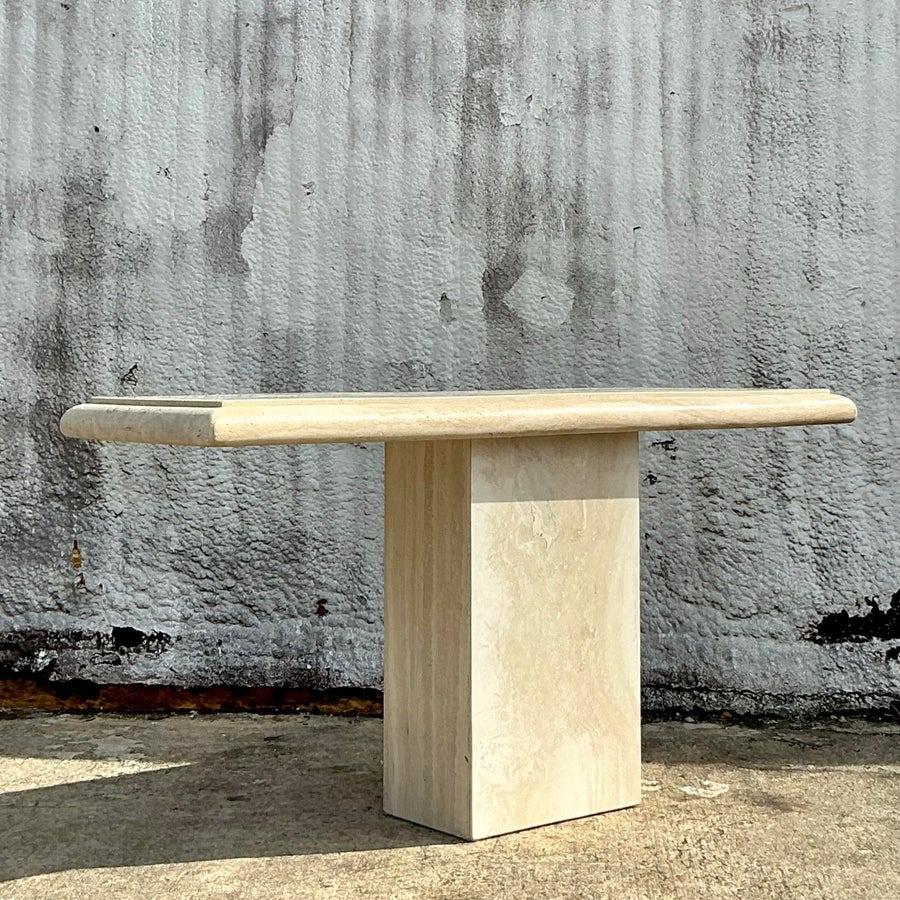 Vintage Boho Bullnose Travertine Console Table For Sale 1