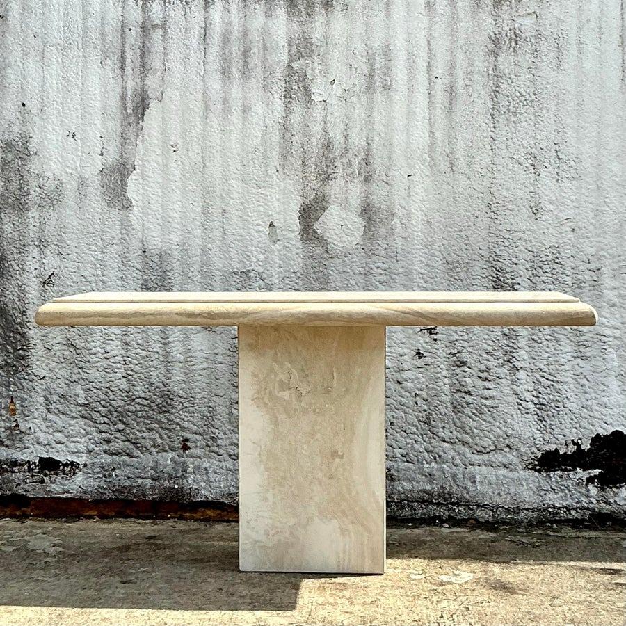 Vintage Boho Bullnose Travertine Console Table For Sale 2