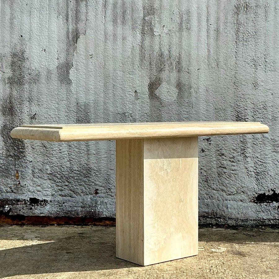 Vintage Boho Bullnose Travertine Console Table For Sale 3
