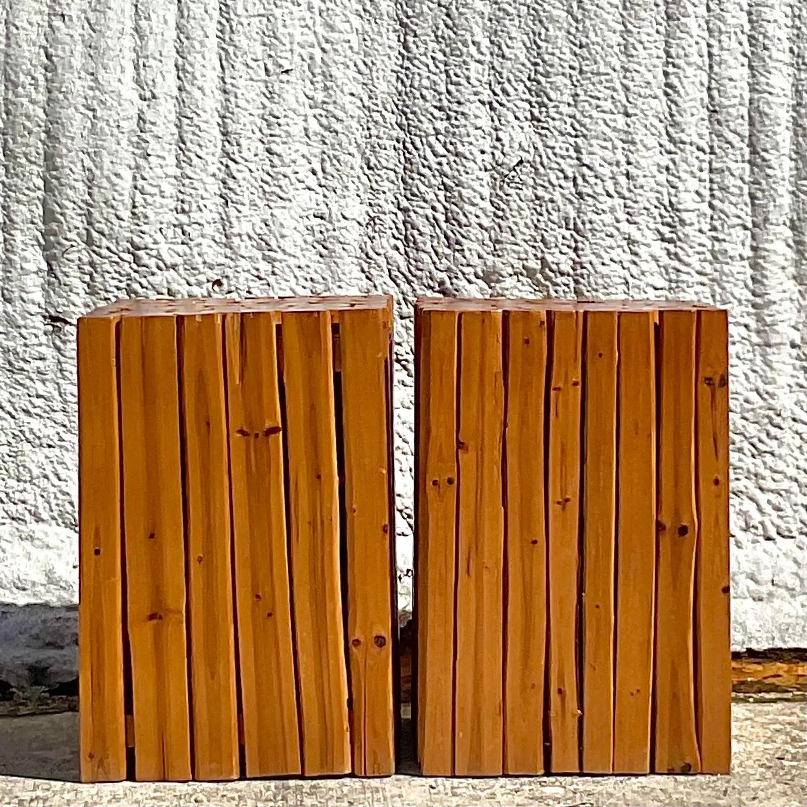 A fabulous pair of vintage Boho side tables. Beautiful bundle of sticks in a chic block design. Perfect as side tables or even as cool sculpture pedestals. You decide! Add glass for a more polished look. Acquired from a Palm Beach estate.