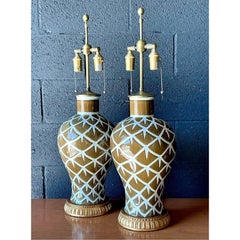 Vintage Boho Bunny Williams “Chicken Feathers” Glazed Ceramic Lamps - A Pair
