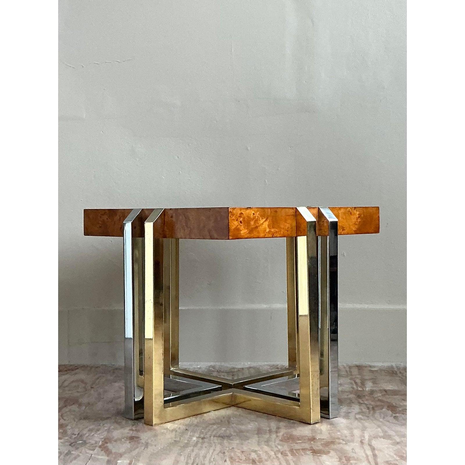 Mesa Auxiliar Vintage Boho Burl y Metales Mixtos Regencia de Hollywood en venta