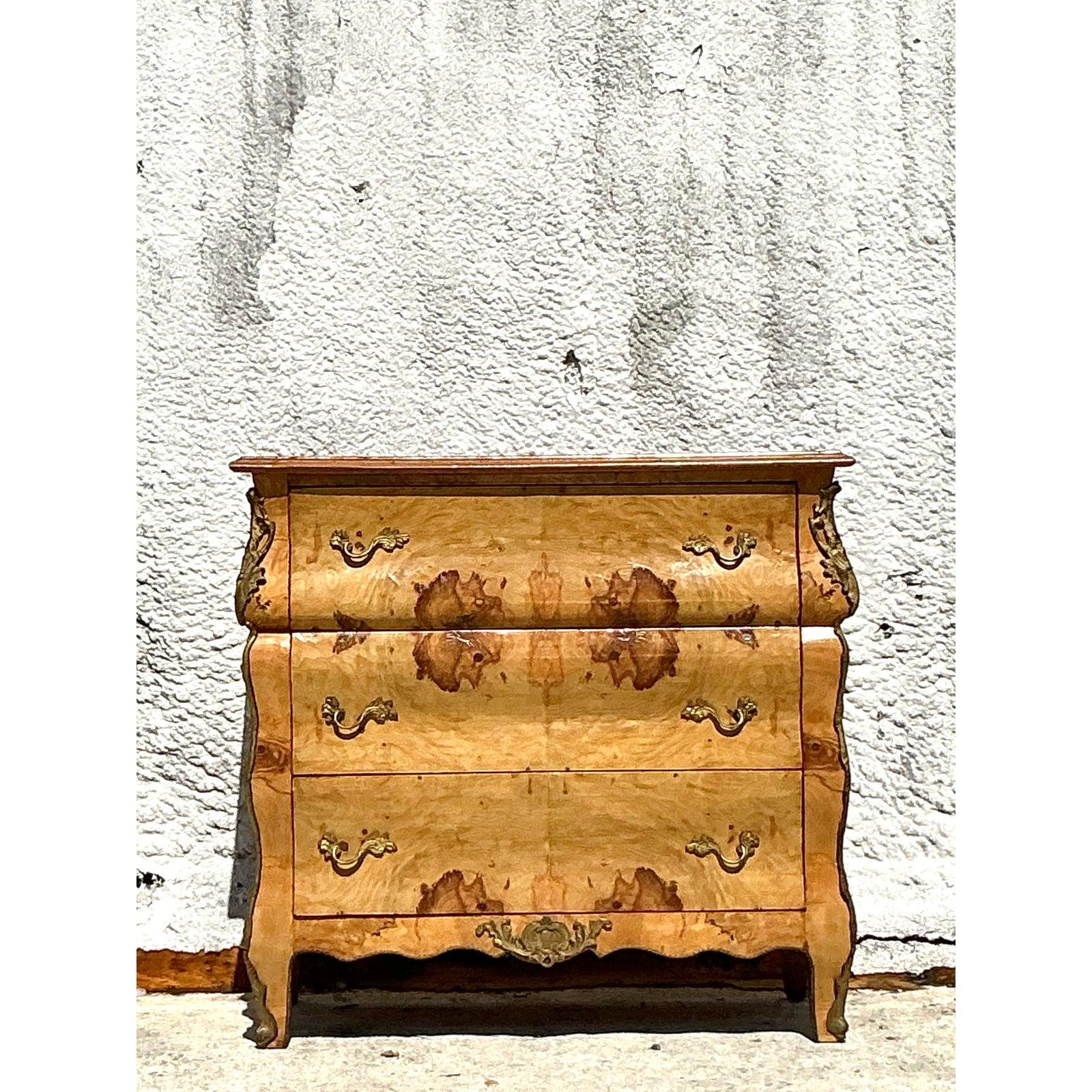 Rustic Vintage Boho Burl and Ormolu Chest of Drawers For Sale